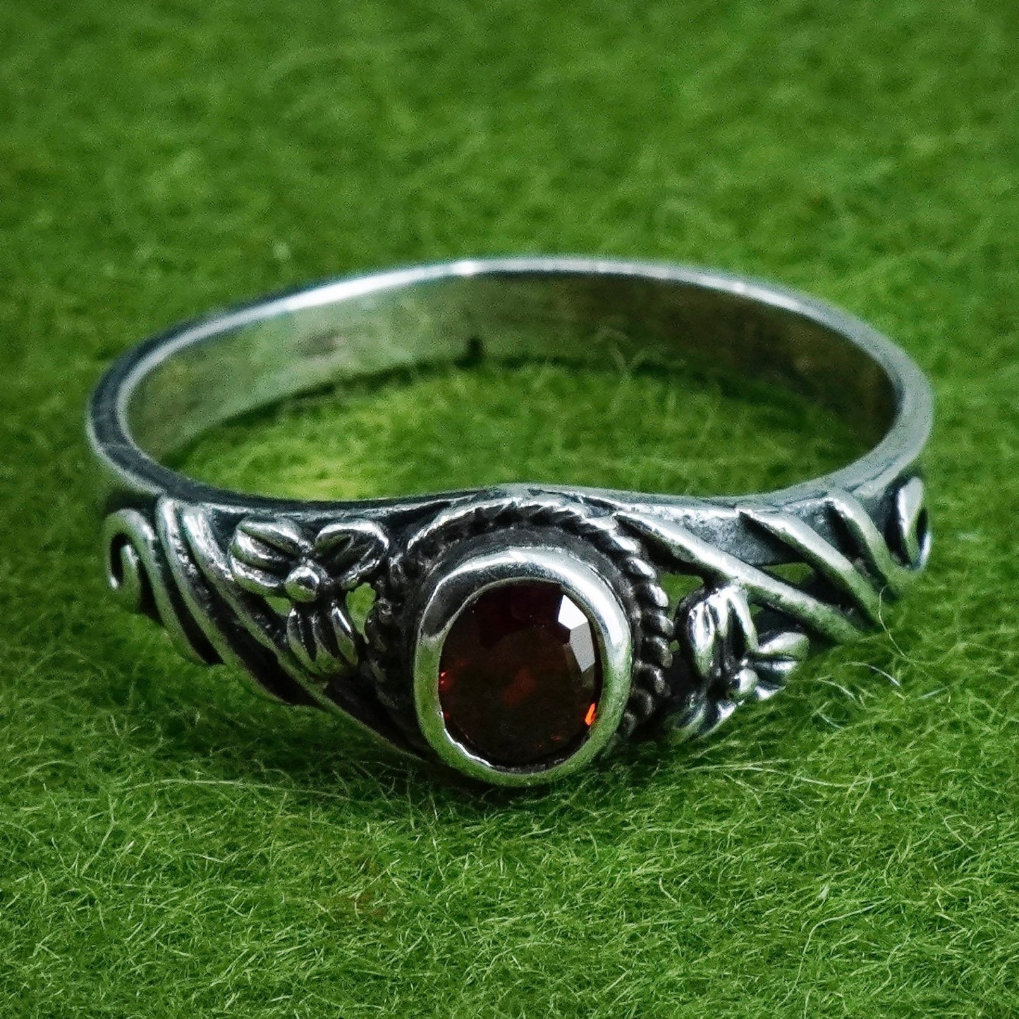 Size 7, Vintage sterling silver handmade ring, 925 stackable band with ruby