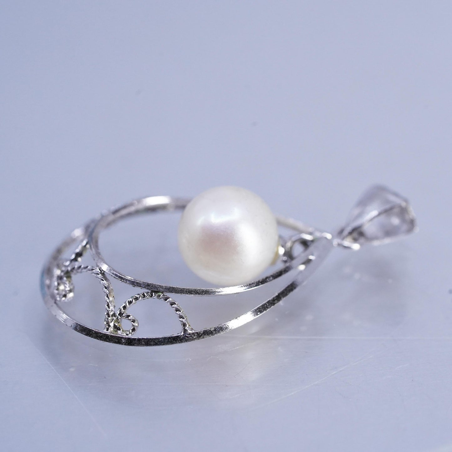 Vintage sterling 925 silver handmade filigree teardrop charm pendant with pearl