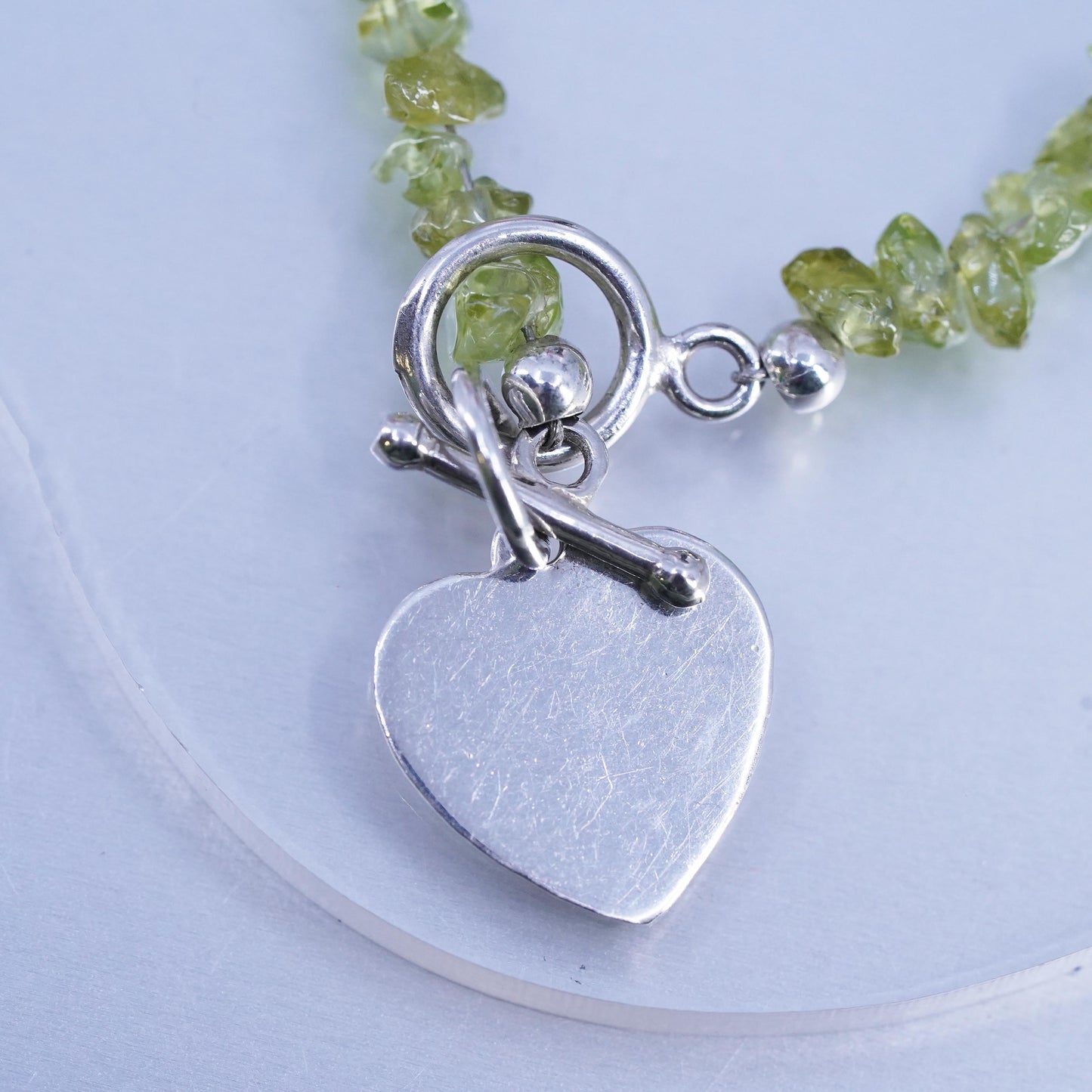 6.75", Sterling 925 Silver peridot Bead Bracelet heart charm toggle closure