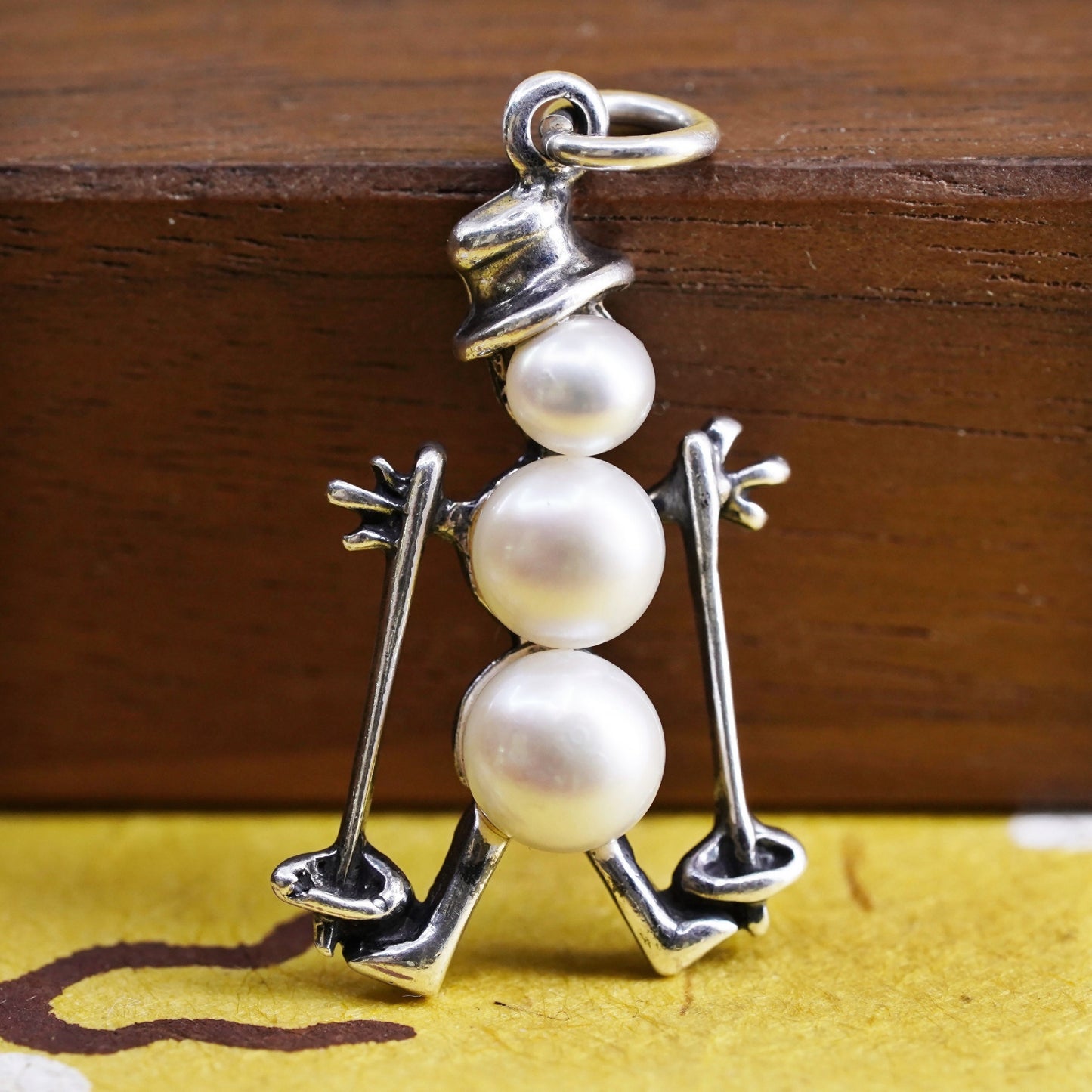 Vintage Sterling silver handmade charm, 925 snowman pendant with pearl
