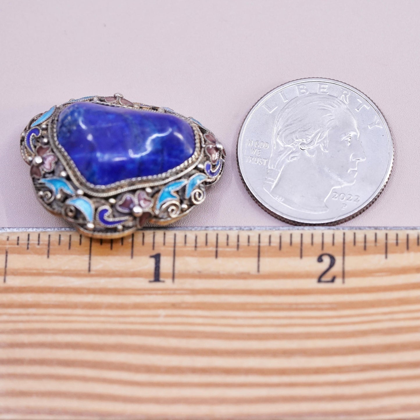 gold tone sterling silver brooch, 925 filigree pin with enamel and lapis lazuli