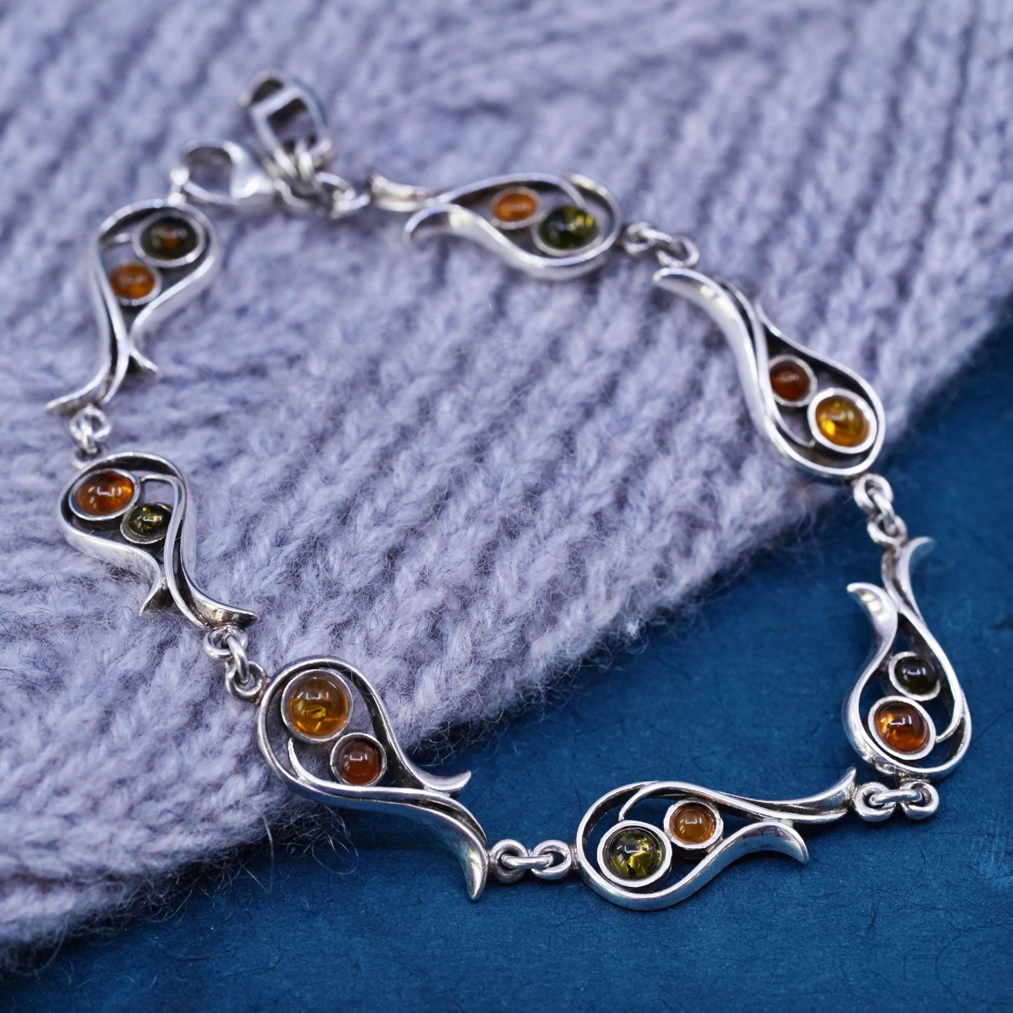 7”, vintage sterling 925 silver handmade bracelet with amber inlay