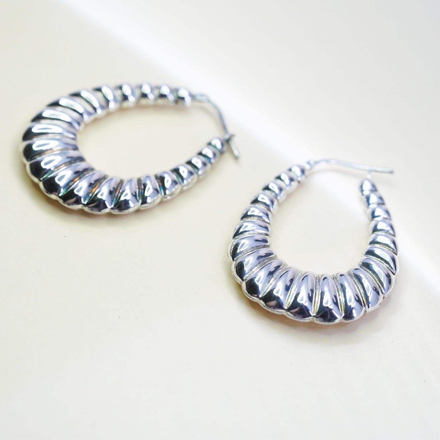 1.5”, Vintage Jordan 925 Sterling Silver Ribbed Hoops, Large Teardrop Earrings,