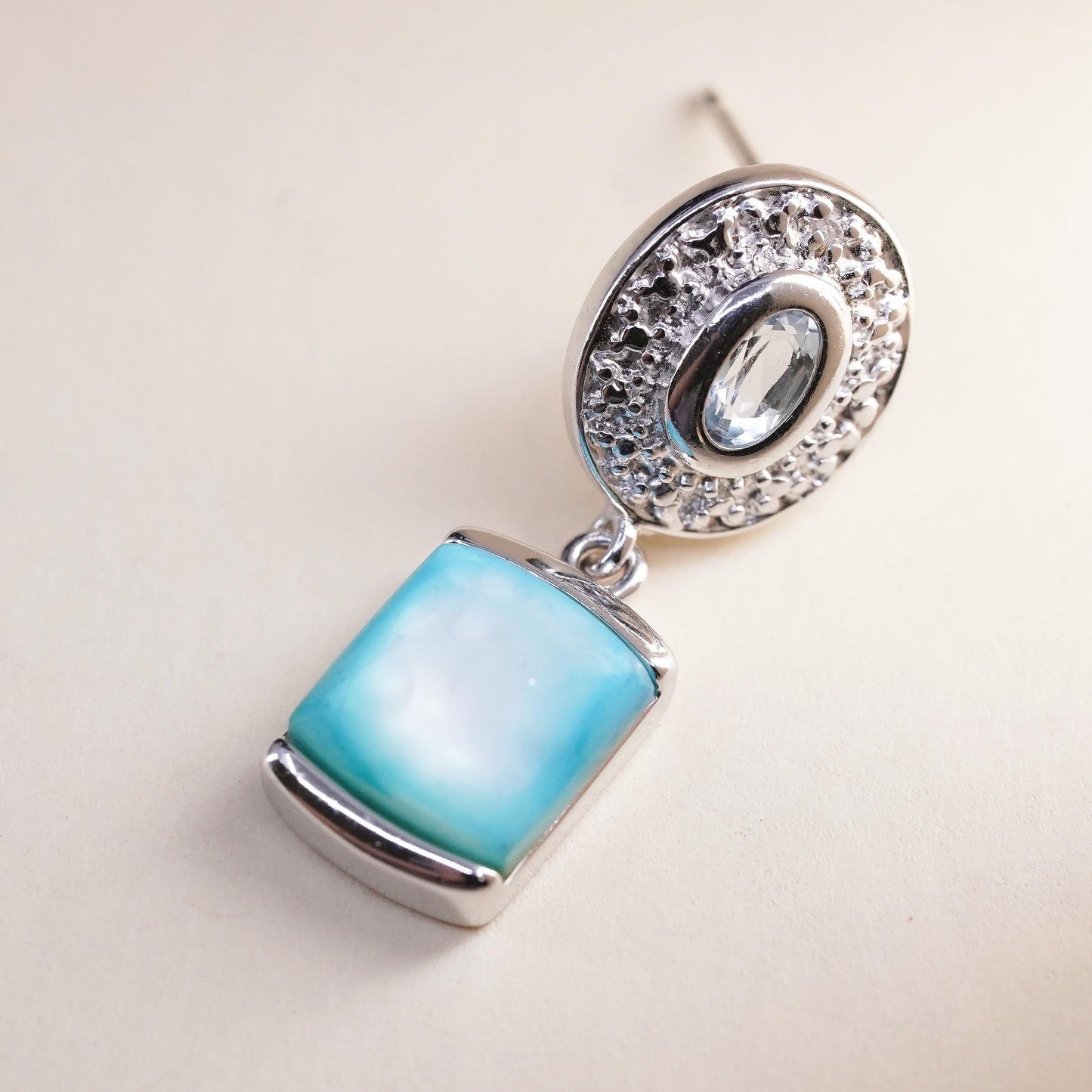 Vintage sterling 925 silver handmade single earring w/ blue mother of pearl cz