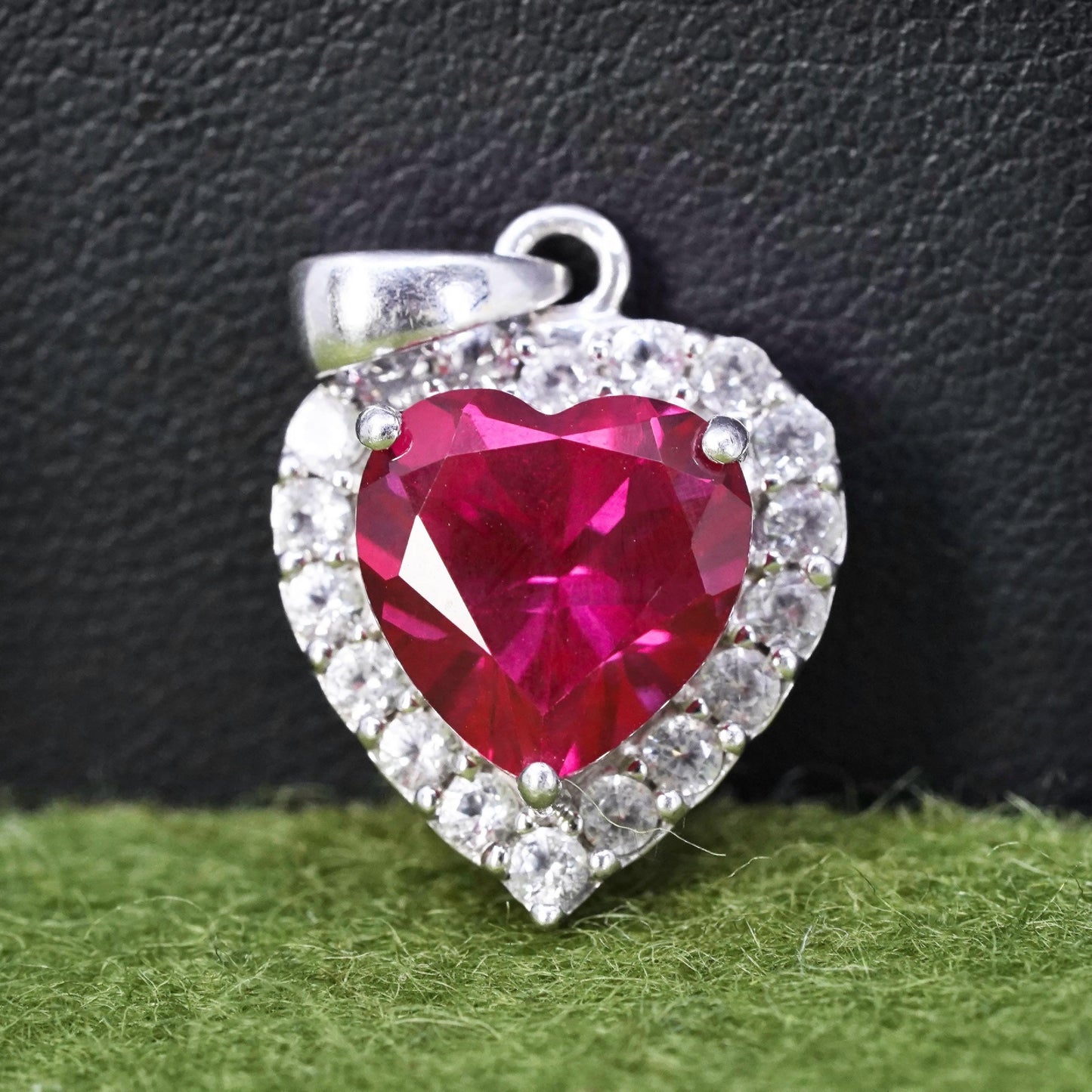 Vintage sterling silver pendant, 925 silver heart with ruby and cz around