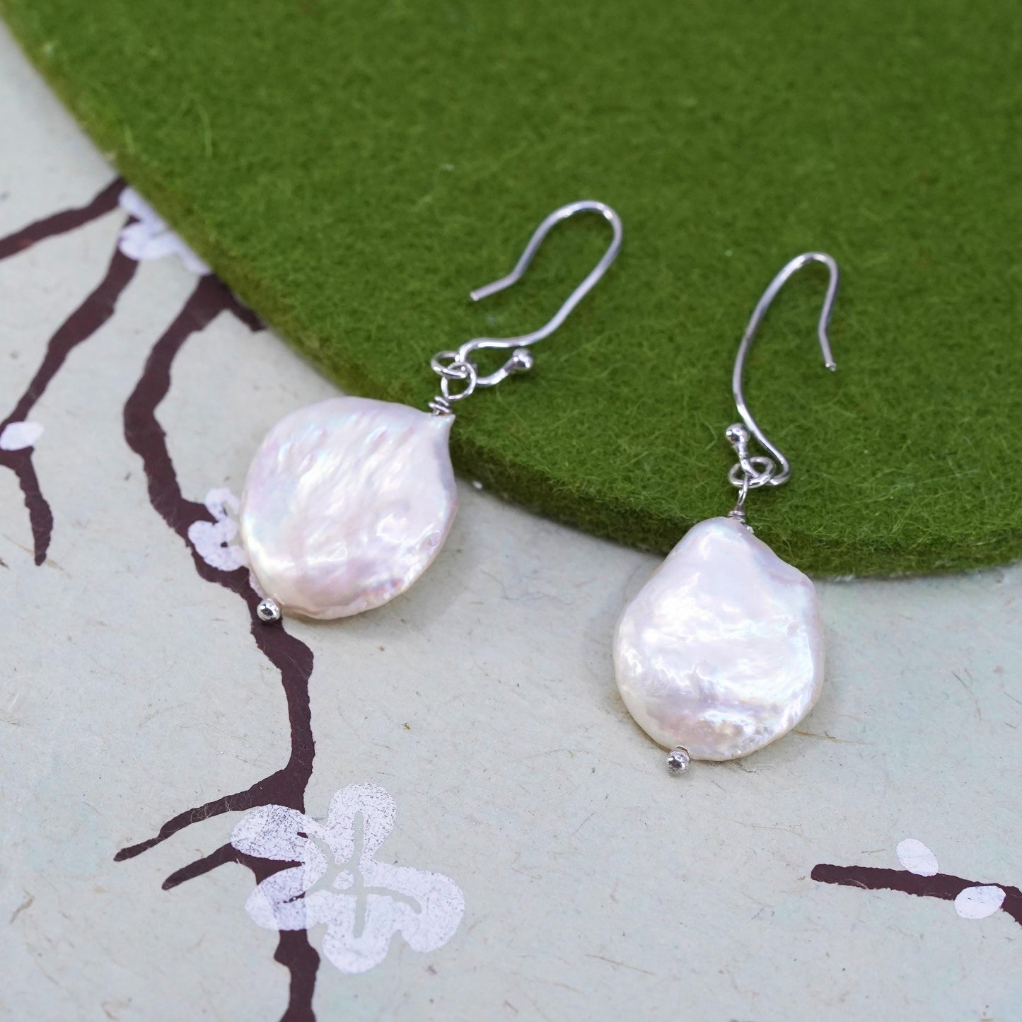 Vintage sterling silver handmade earrings, 925 dangles with coin pearl