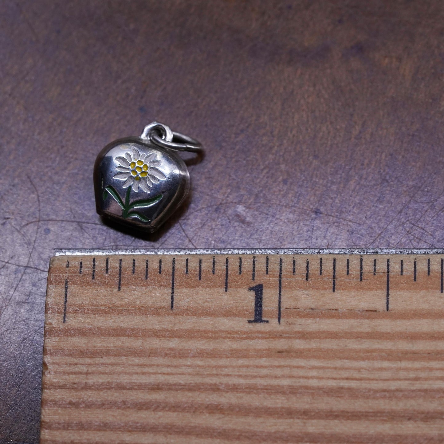 Sterling silver handmade chime ball, 925 bell charm with enamel sunflower