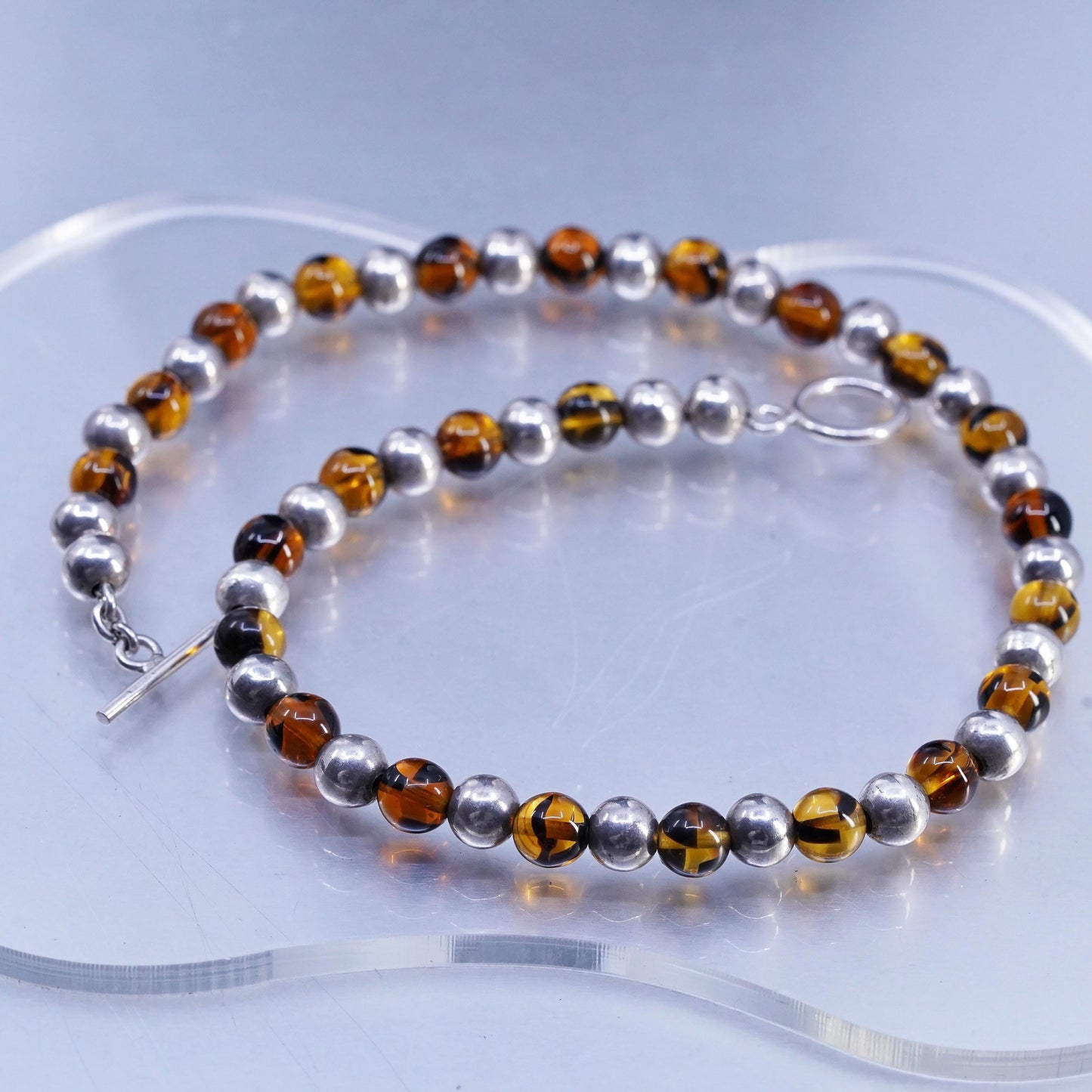 16" 8mm, Vintage Sterling 925 silver necklace with amber beads toggle closure