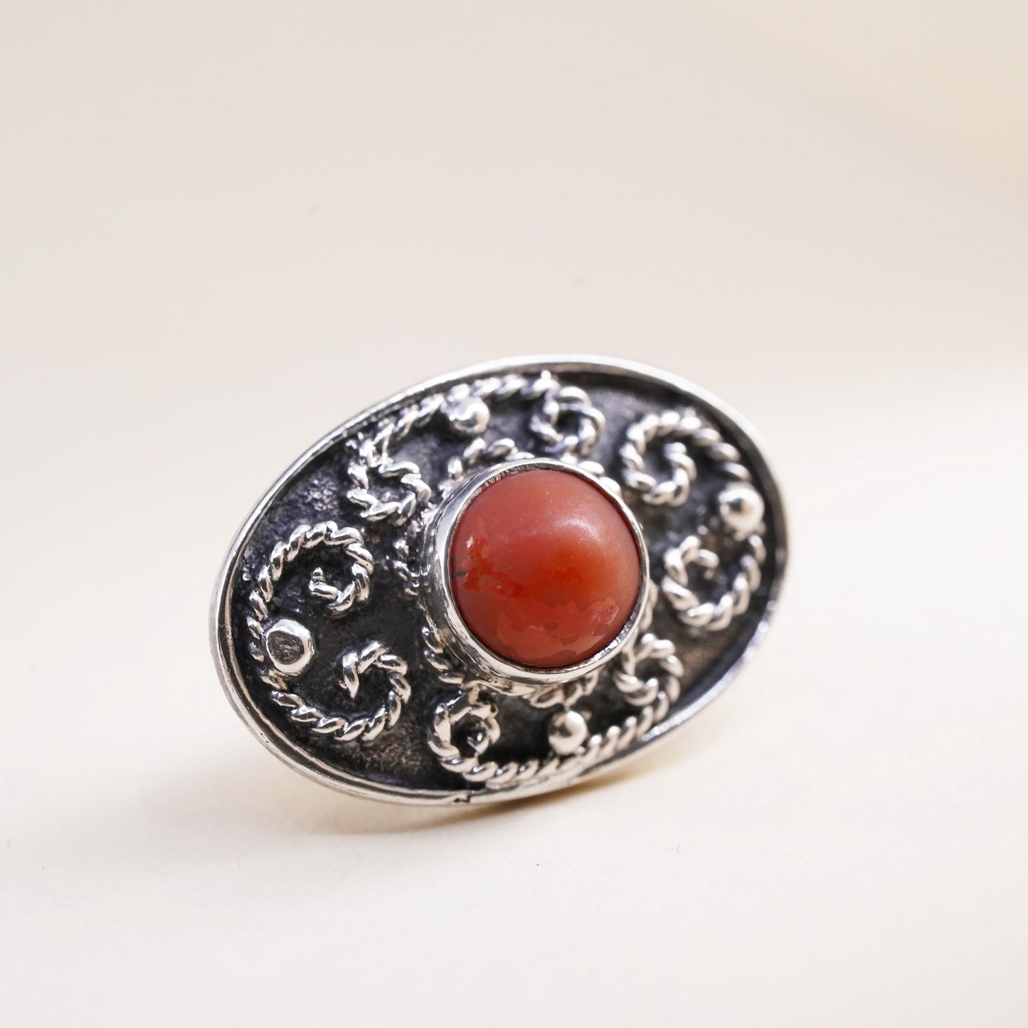 Native American Navajo handmade single earring. Sterling 925 silver stud coral
