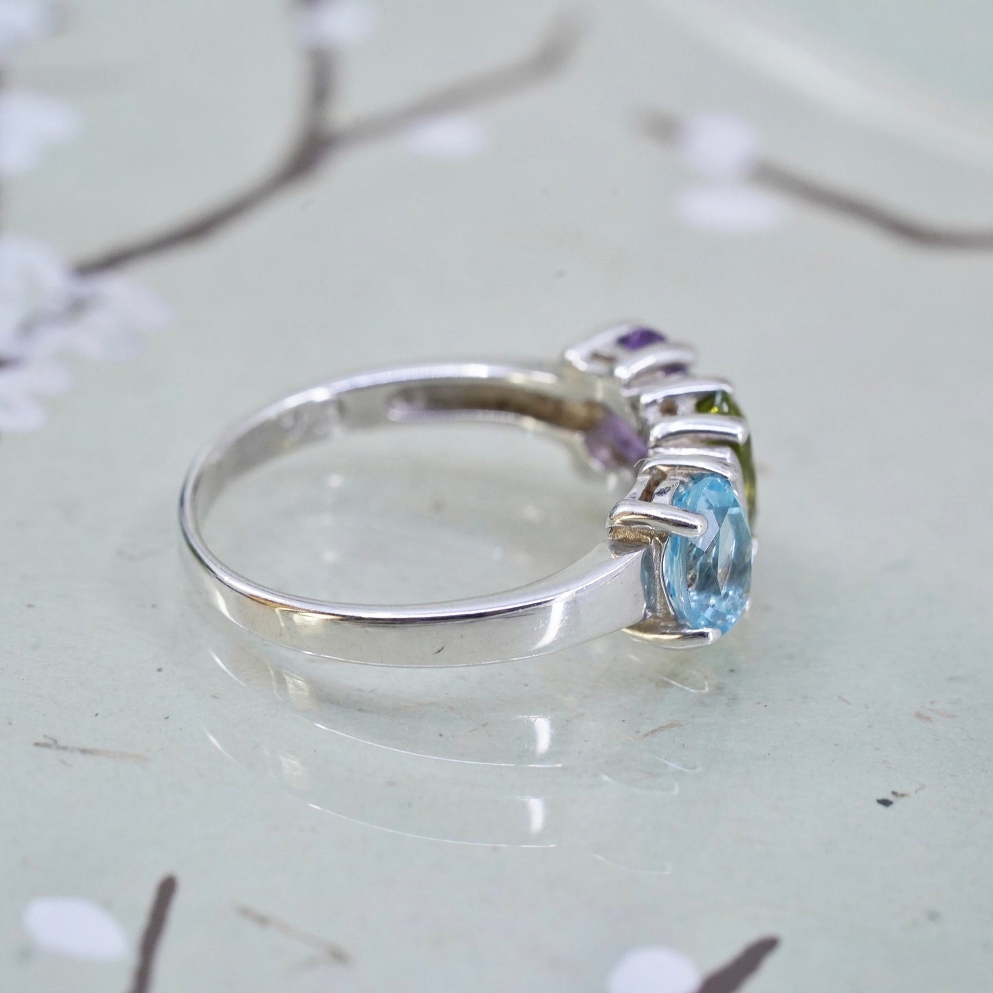 Size 9, vintage sterling 925 silver handmade ring with topaz peridot amethyst