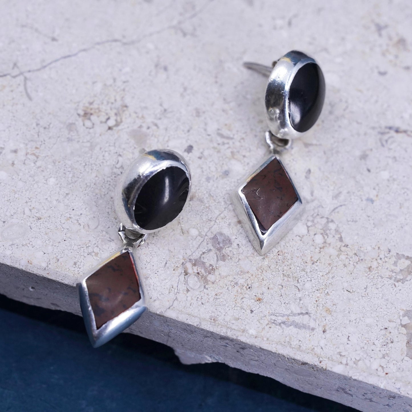 Vintage Mexican Sterling 925 silver handmade earrings with oval onyx and Jasper