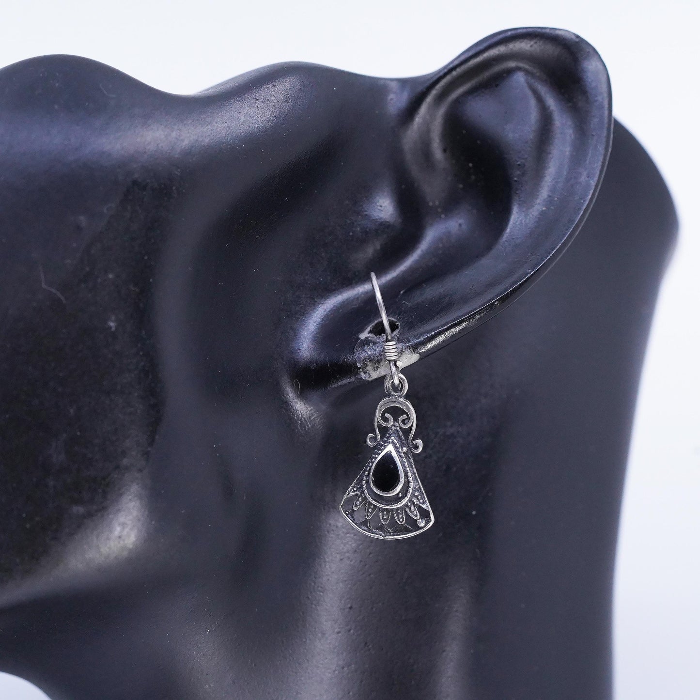Vintage Sterling 925 silver handmade fan shaped earrings with black onyx