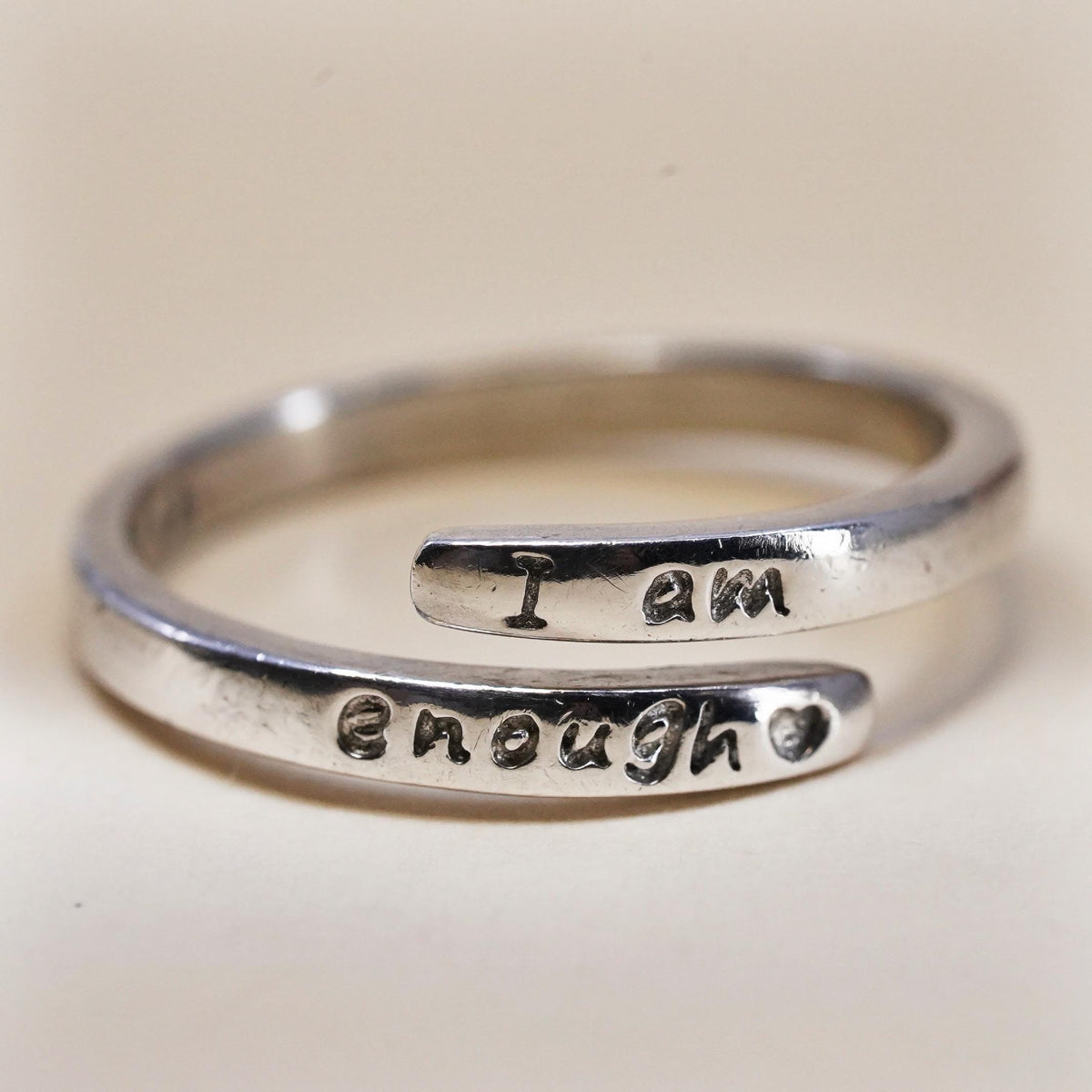 Sterling Silver 925 I Am Enough Wrap Ring, Inspirational Affirmation Heart Band