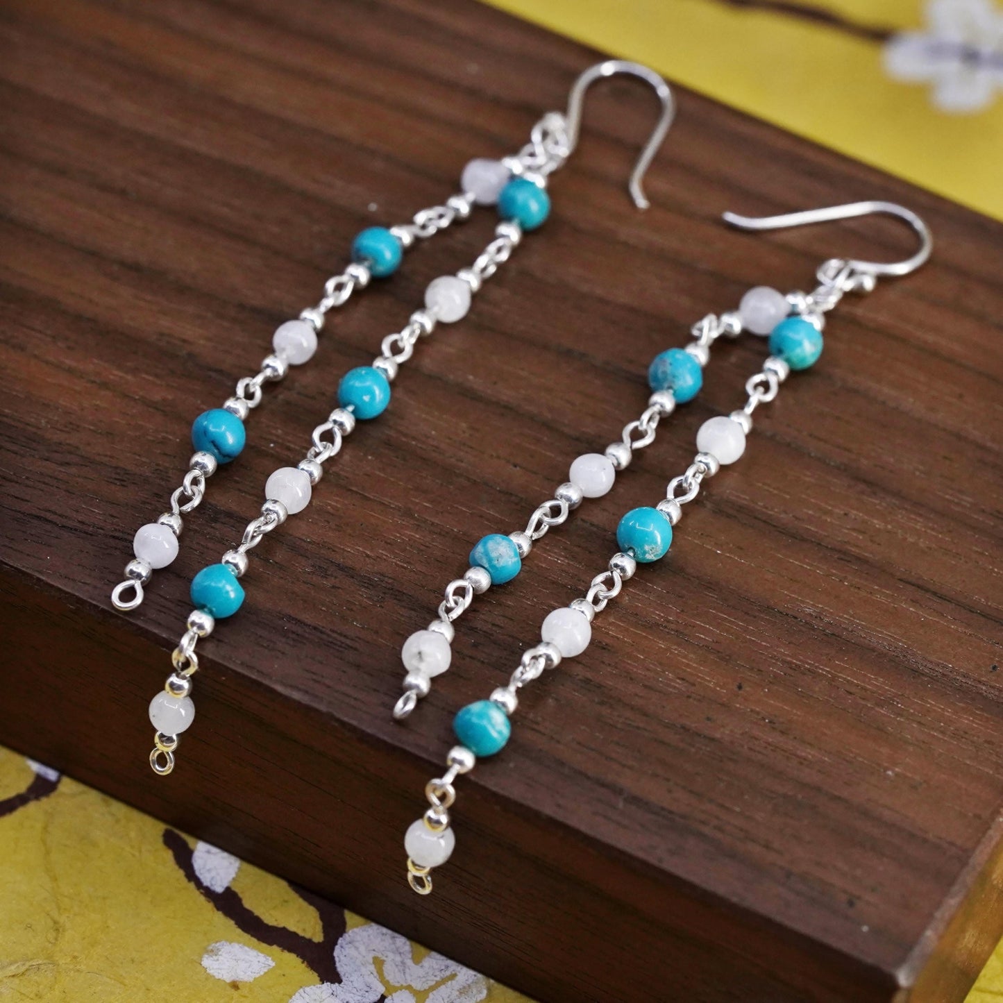 Vintage Sterling 925 silver handmade long earrings w/ turquoise moonstone bead