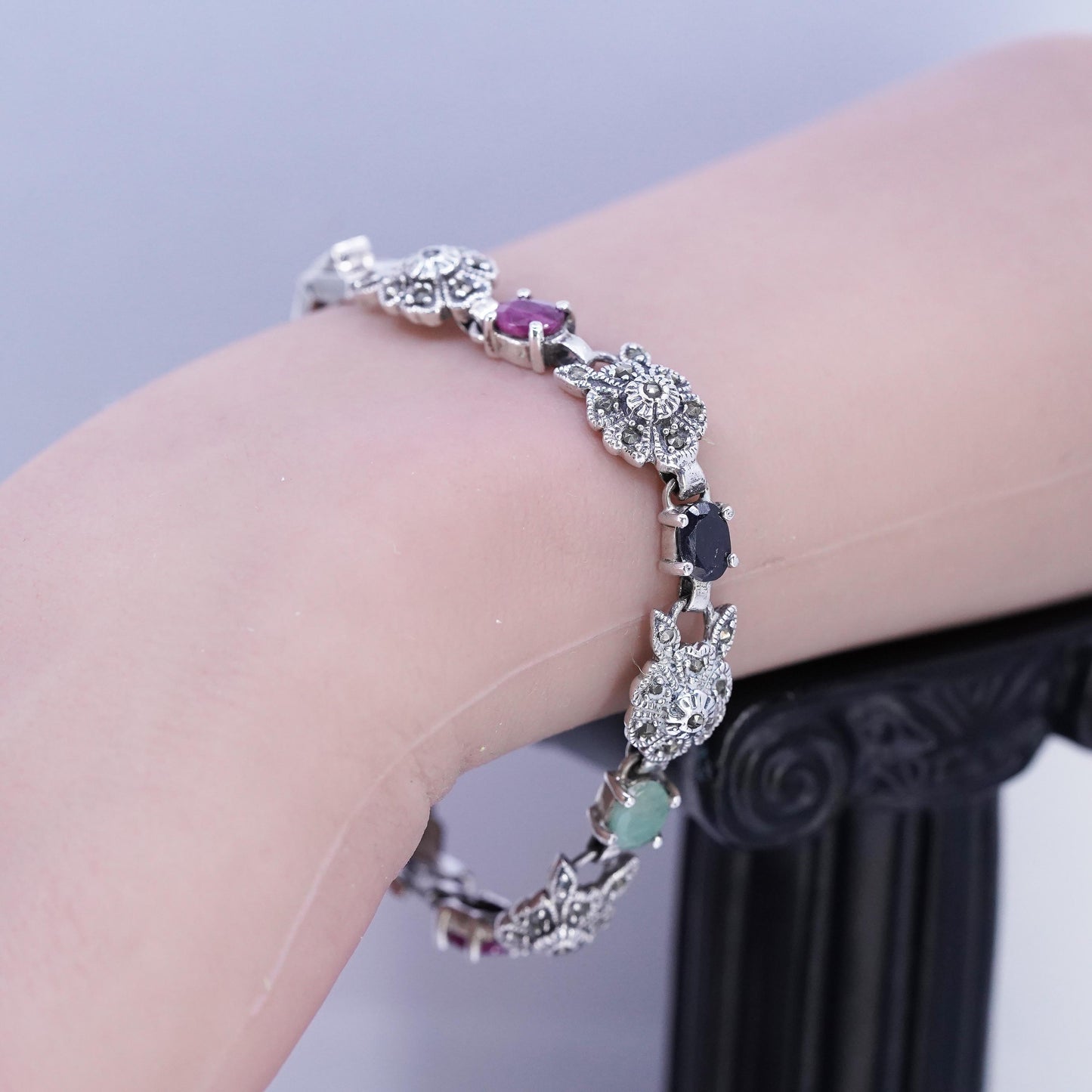 7", VTG Sterling Silver 925 Tennis Marcasite flower Bracelet ruby sapphire jade