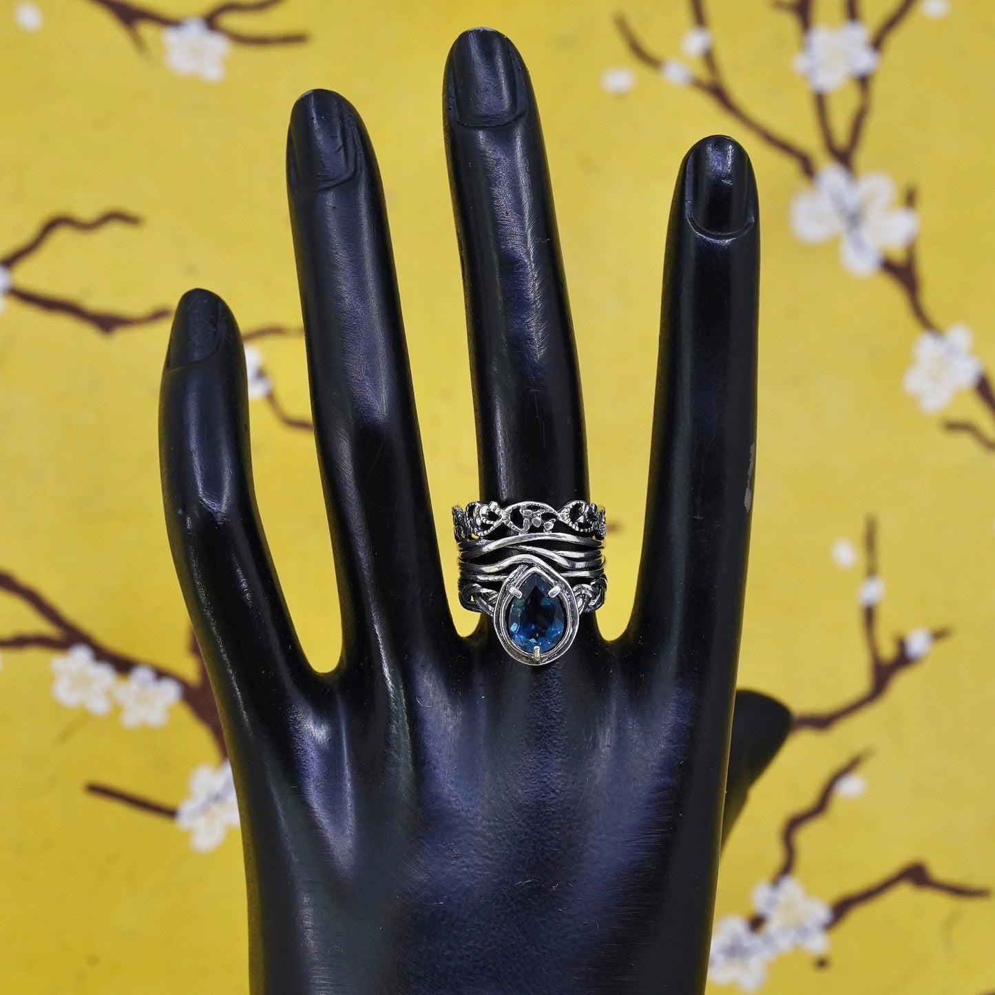 Size 6.75, Israel PAZ PZ Sterling silver ring, 925 band teardrop blue crystal