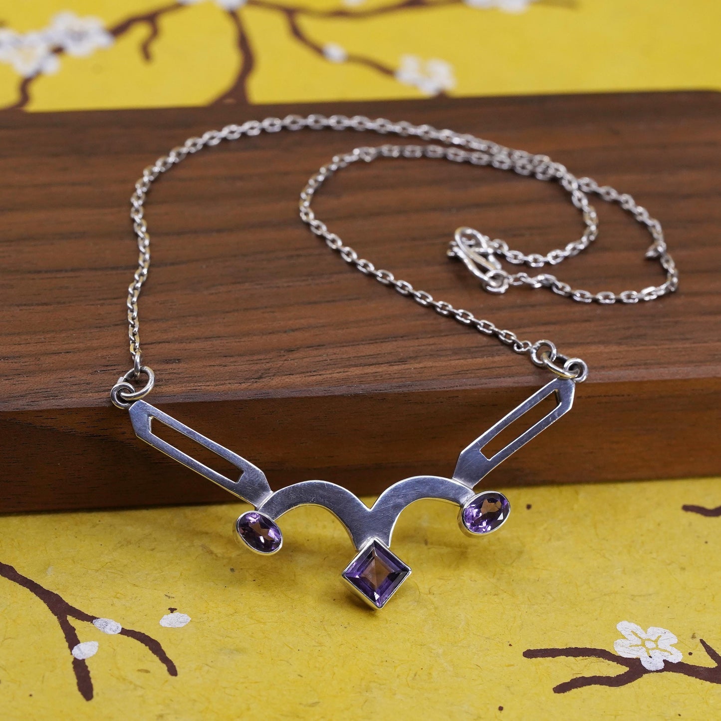 16", vintage sterling silver necklace, 925 circle chain with amethyst pendant