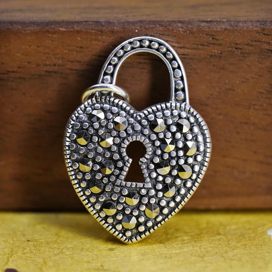 Vintage Sterling silver handmade pendant, 925 heart charm with marcasite
