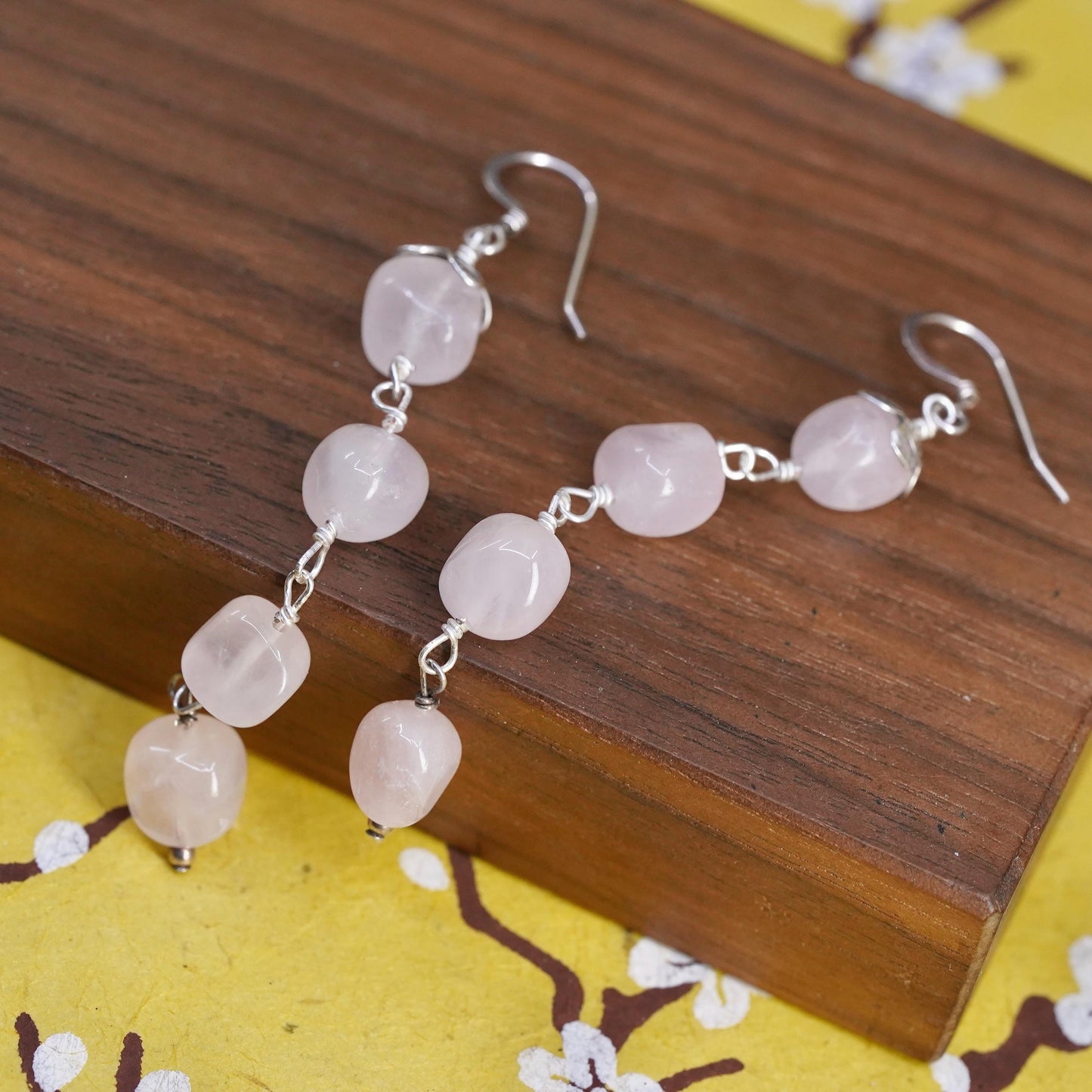 Vintage Sterling 925 silver handmade earrings with pink rose quartz