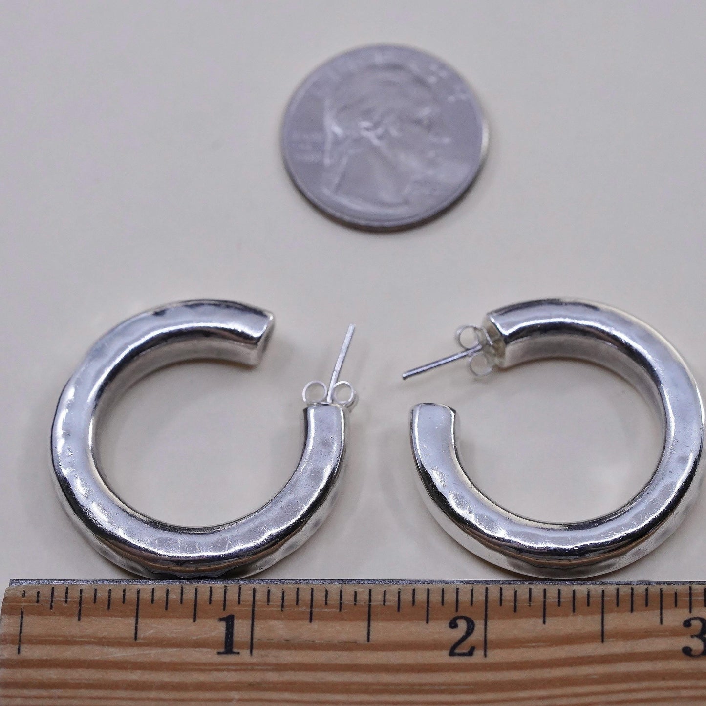 1.25” Vintage sterling 925 silver earrings, hammered textured bold hoops studs