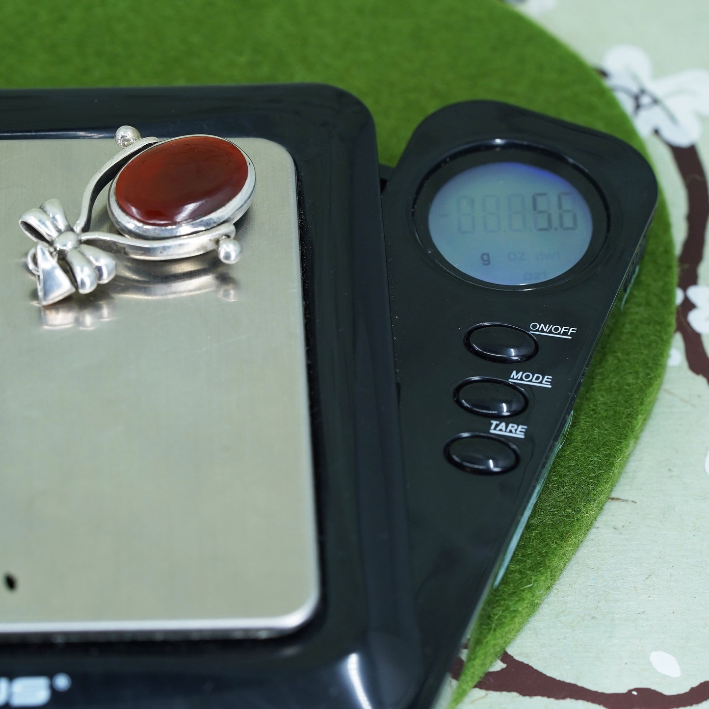VTG Sterling 925 silver handmade double sided pendant with carnelian and jade