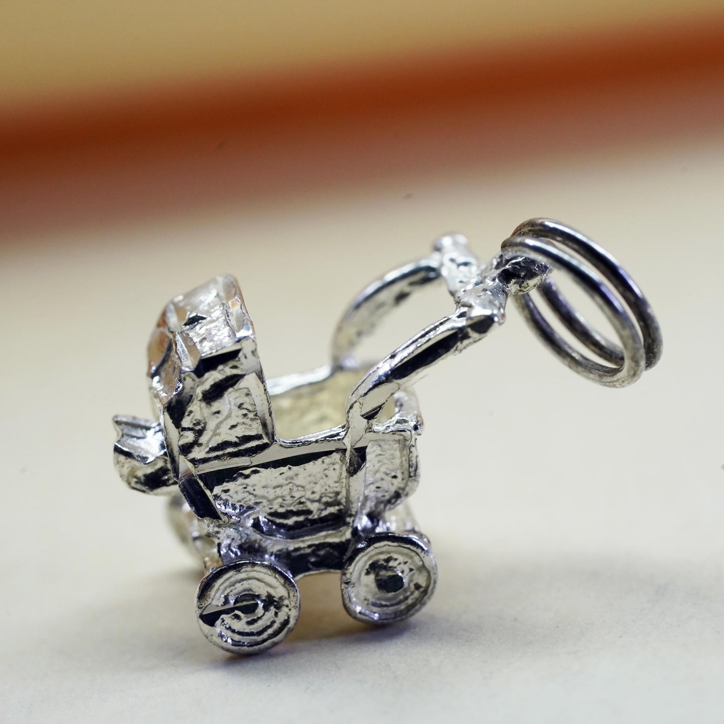 Vintage baby stroller sterling silver handmade pendant, 925 charm