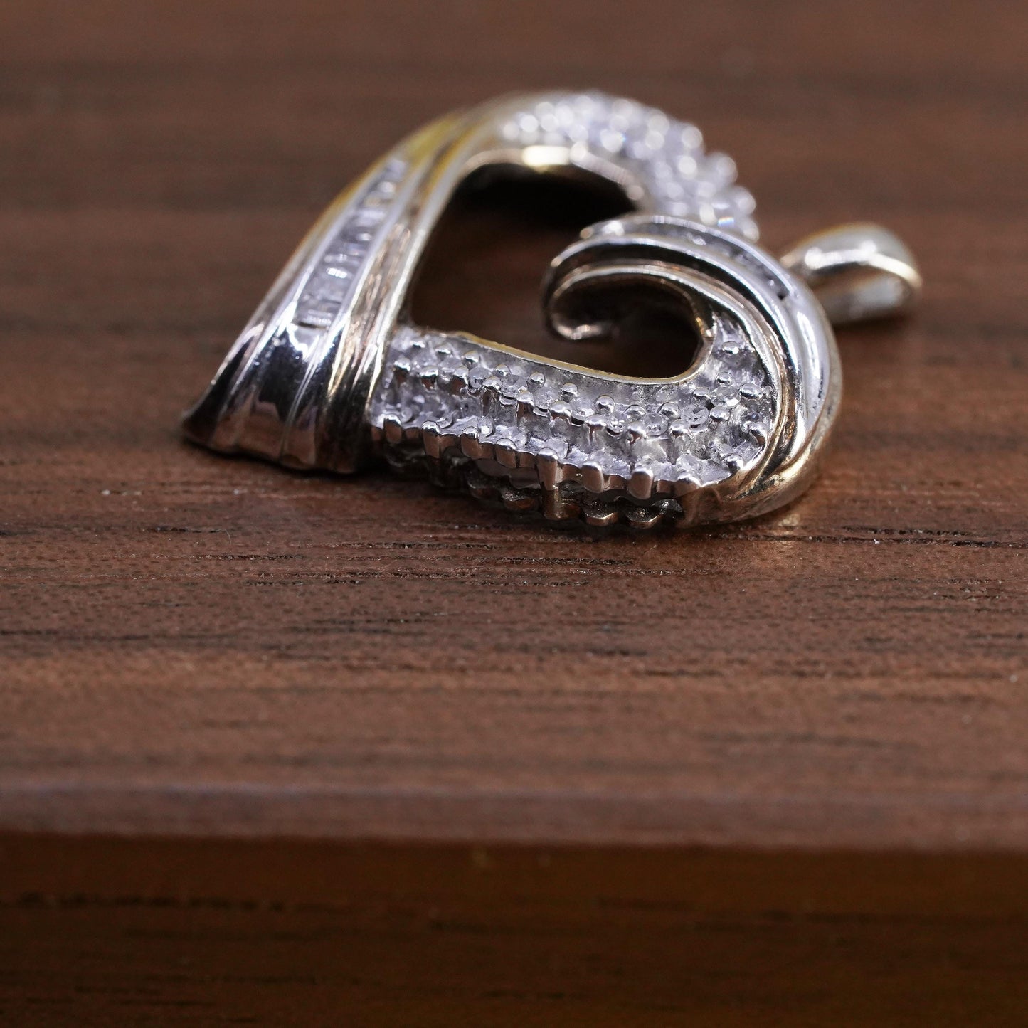 Vintage JWBR sterling silver pendant, 925 ribbed heart with cluster diamonds