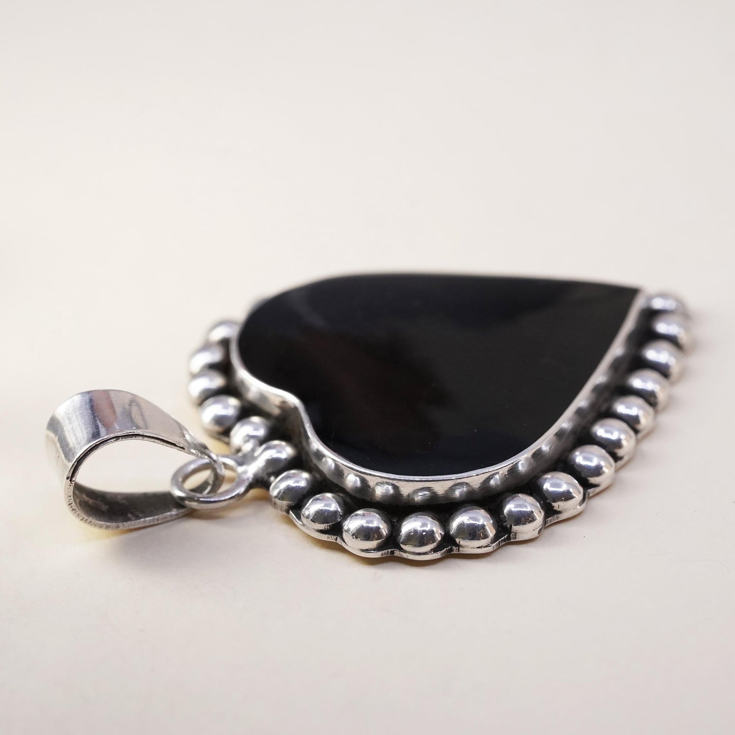 Vintage Mexico Sterling 925 silver handmade huge pendant with heart onyx beads