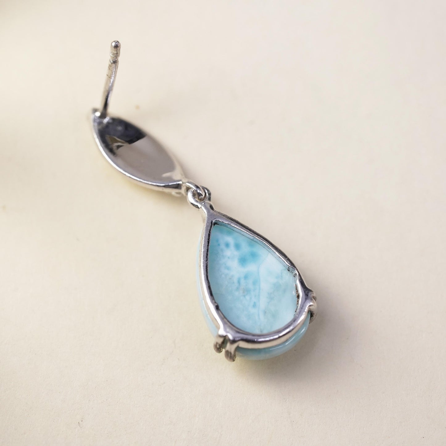 Vintage handmade single earring. Sterling 925 silver teardrop dangle larimar