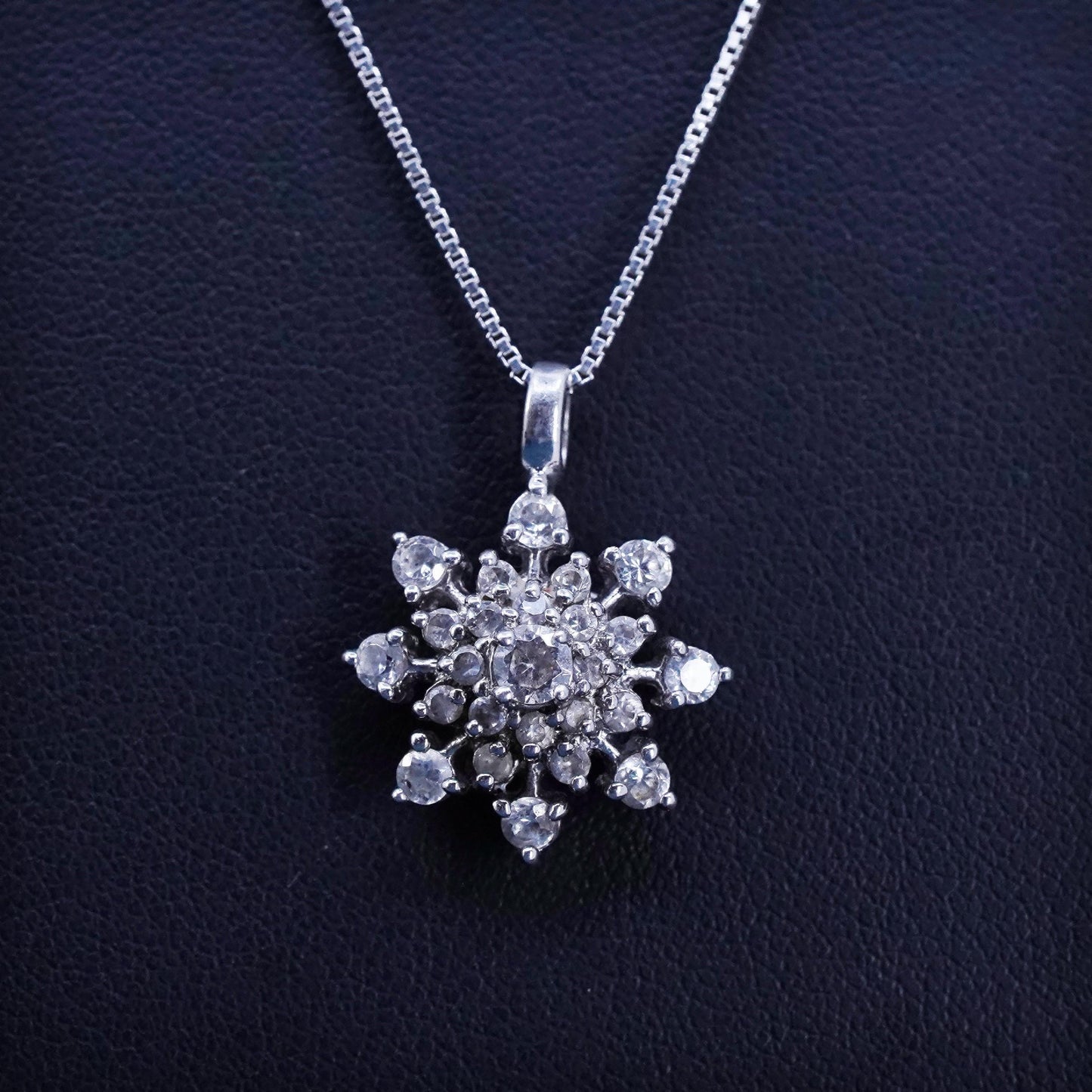18”, VTG sterling silver box chain necklace, 925 snowflake pendant cluster cz