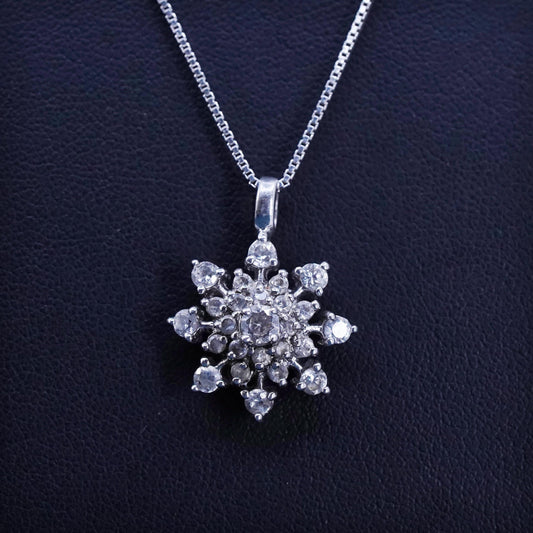 18”, VTG sterling silver box chain necklace, 925 snowflake pendant cluster cz