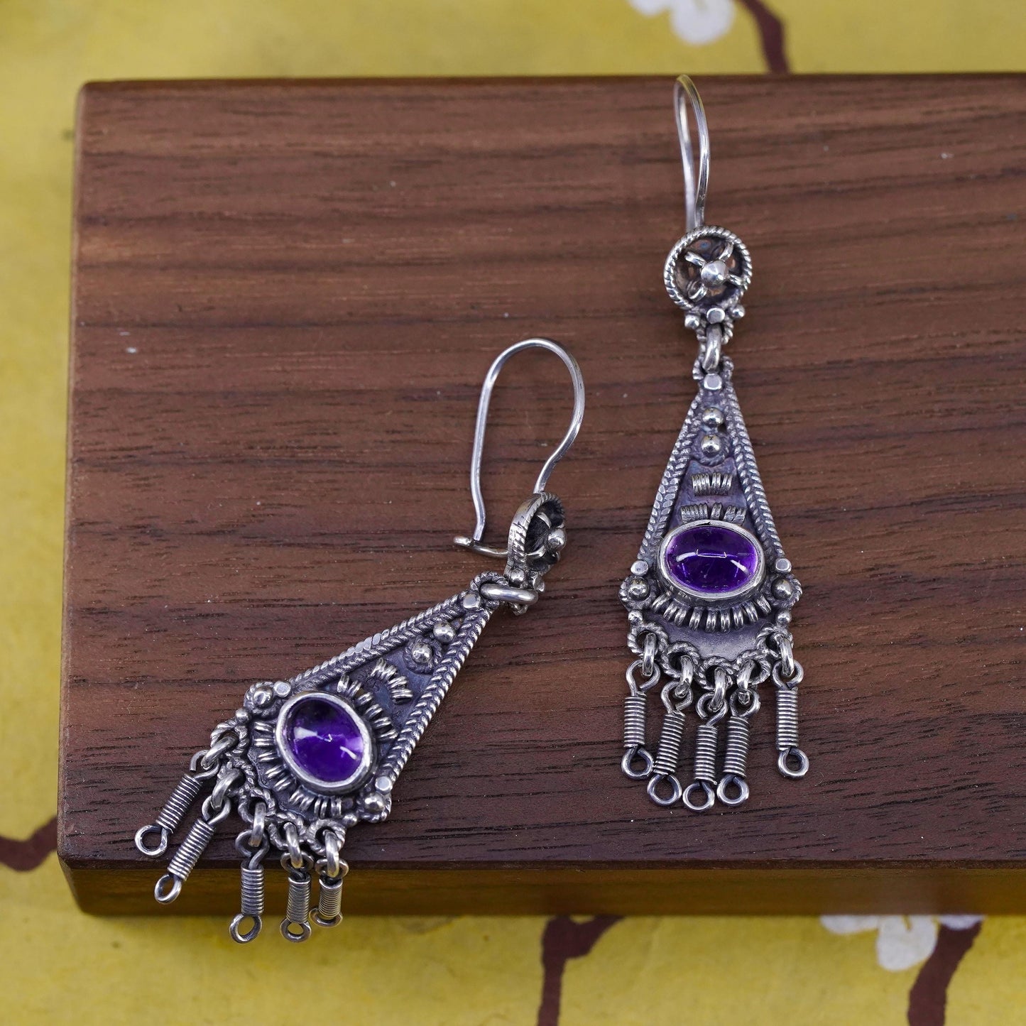 southwestern Sterling 925 Silver wired Earrings amethyst. Ethnic Tribal Jewelry
