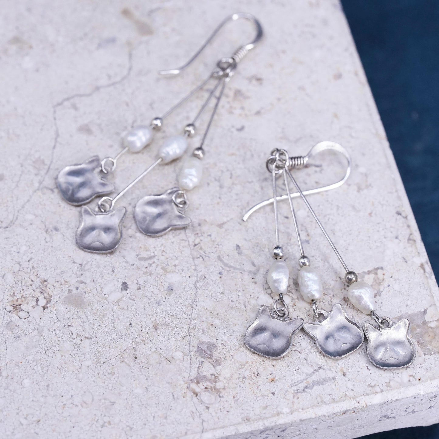 Vintage Meow sterling silver handmade earrings, 925 cat dangles and pearls