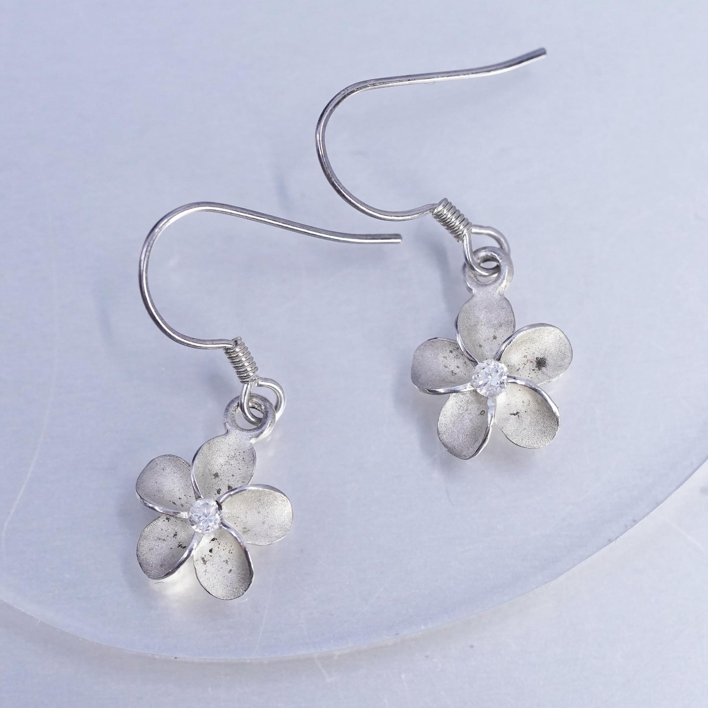 Vintage Sterling 925 silver handmade earrings, plumeria flower dangles with cz