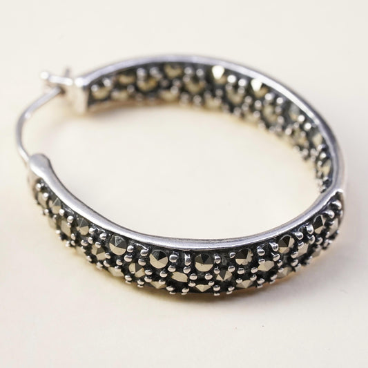 1", Vintage sterling silver loop single earring, fashion hoop with marcasite