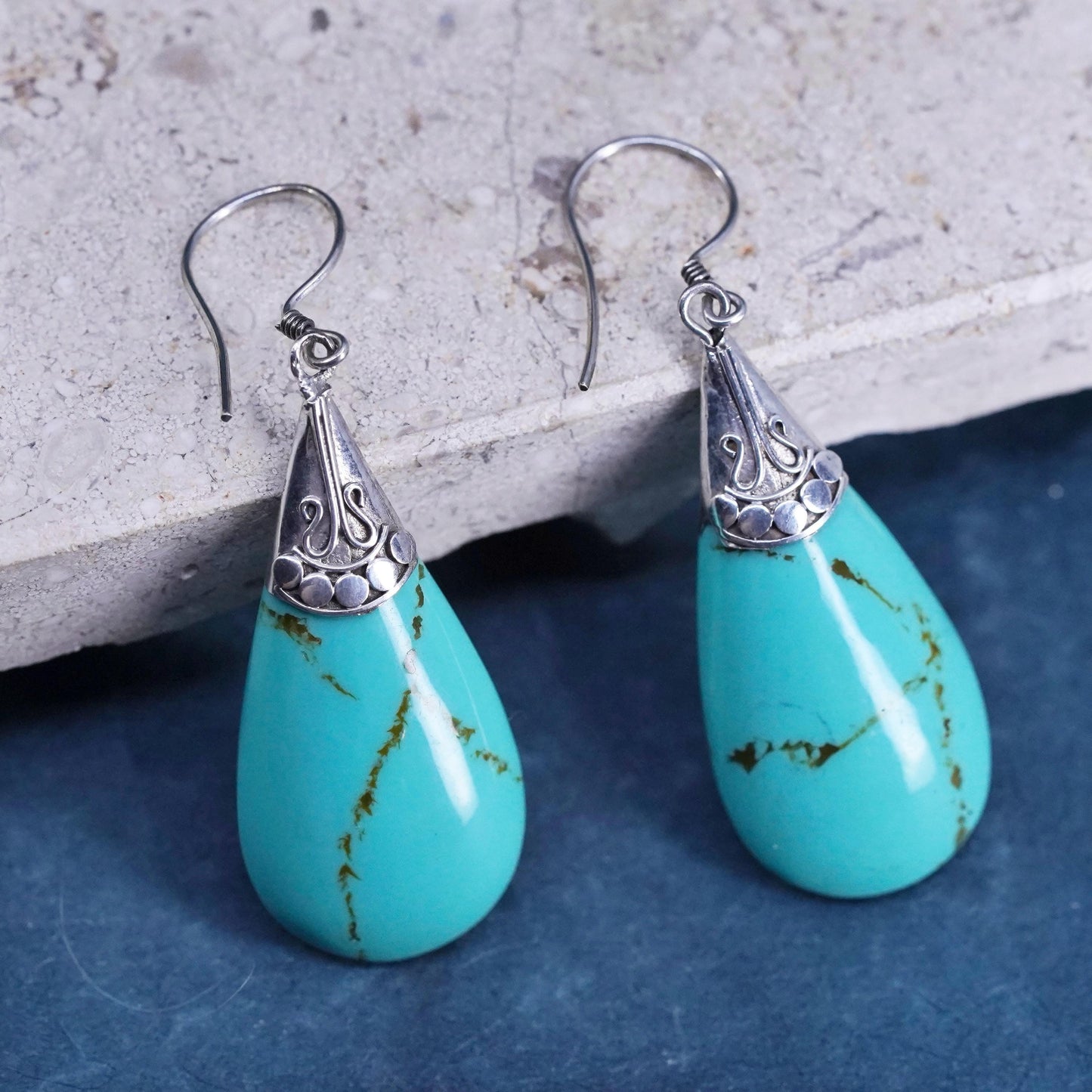 Vintage sterling 925 silver handmade teardrop earrings with turquoise beads