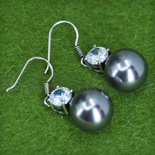Vintage Sterling 925 silver handmade earrings with black pearl and cz