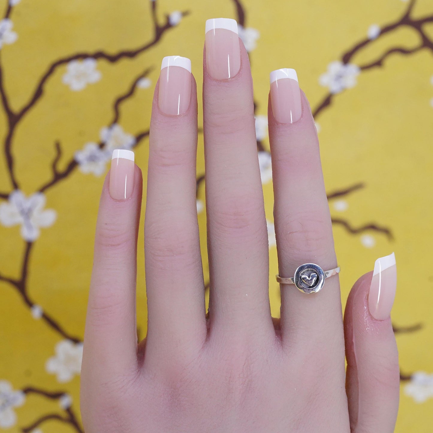 Size 6.75, Vintage sterling silver handmade ring, heart 925 stackable band