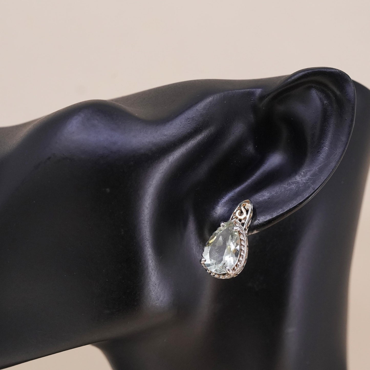 Vintage two tone single earring. Sterling 925 silver teardrop stud chalcedony