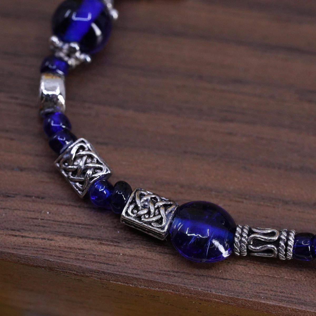 7", vintage Sterling 925 silver handmade bracelet, blue glass beads bracelet
