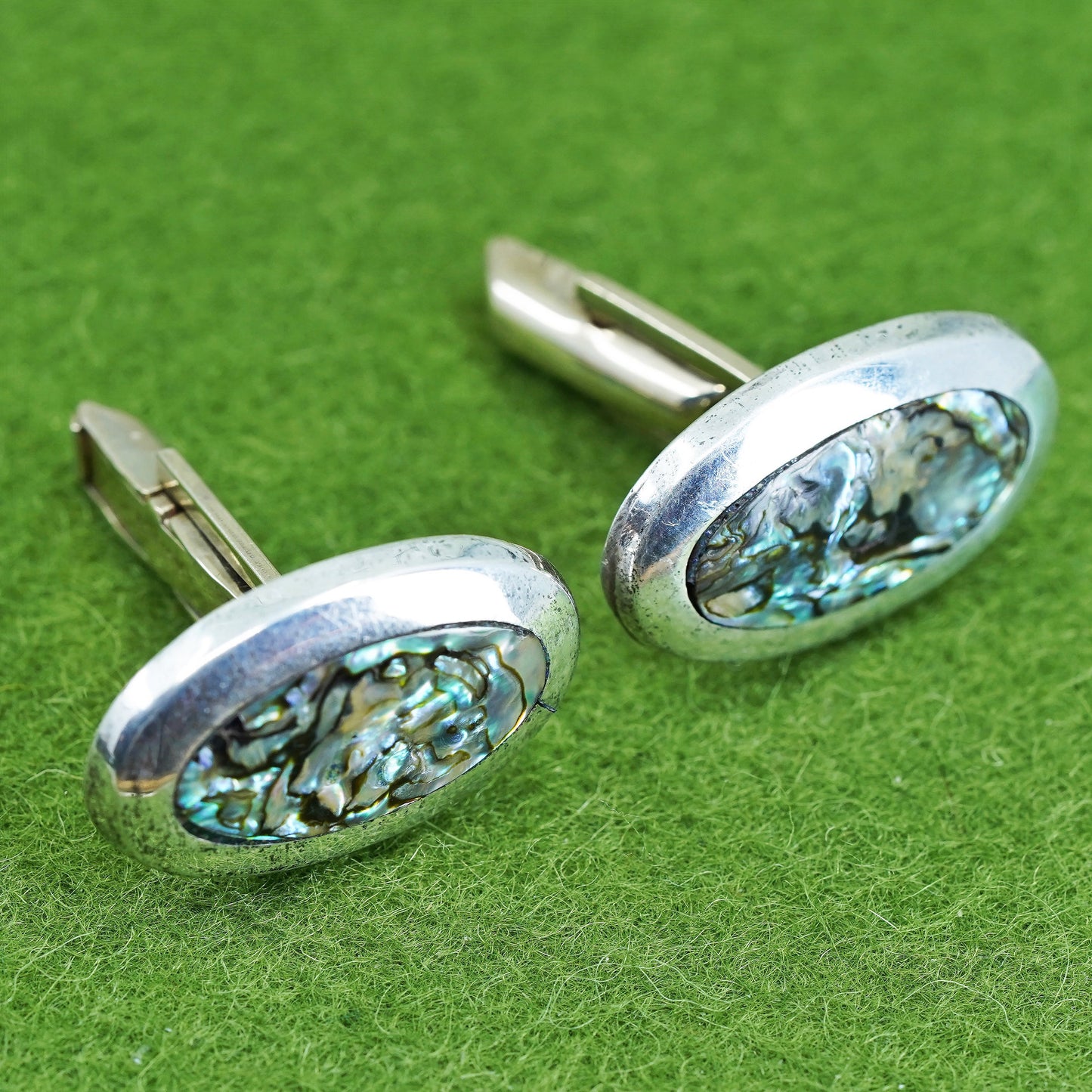 Vintage sterling silver handmade cuff link, 925 oval cufflink w/ abalone inlay