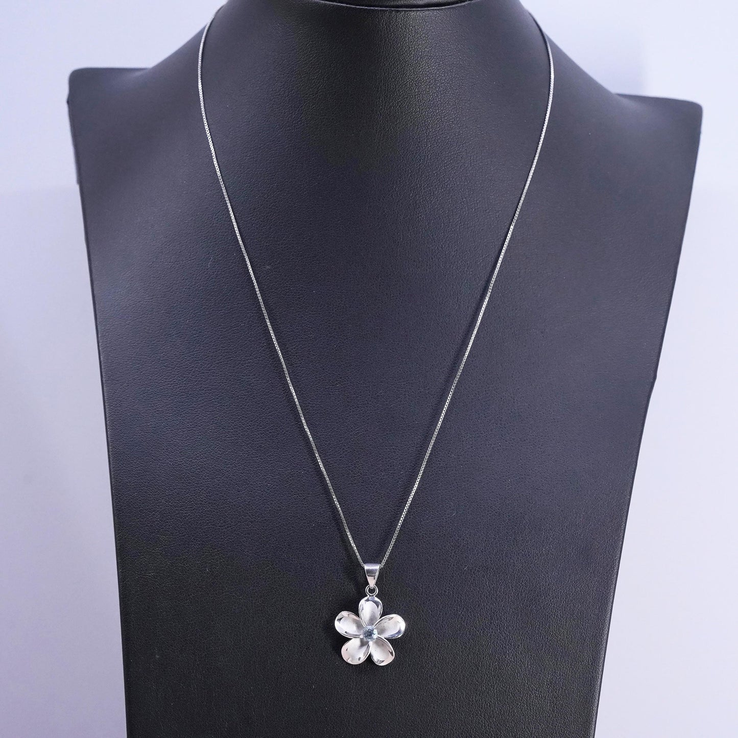 18”, Vintage Sterling silver handmade pendant, 925 box chain plumeria flower cz