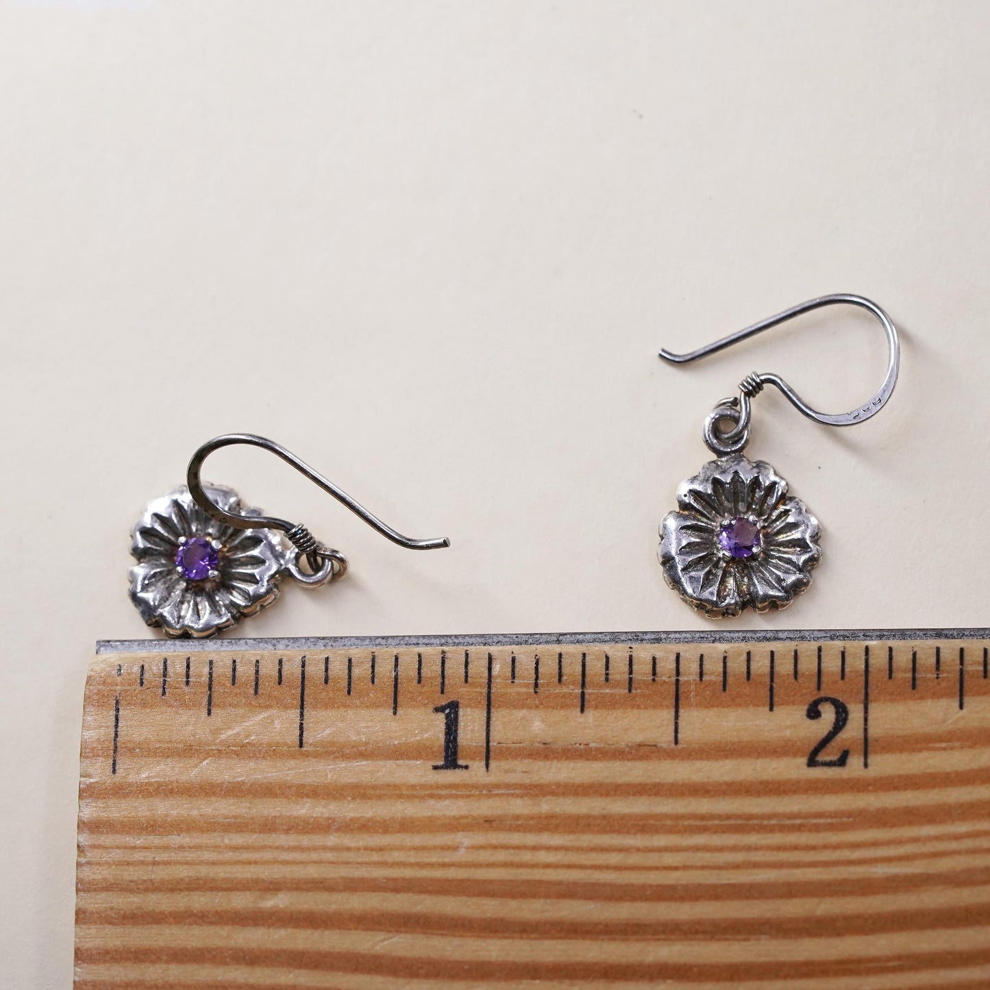Vintage sterling silver handmade earrings, 925 flower with amethyst