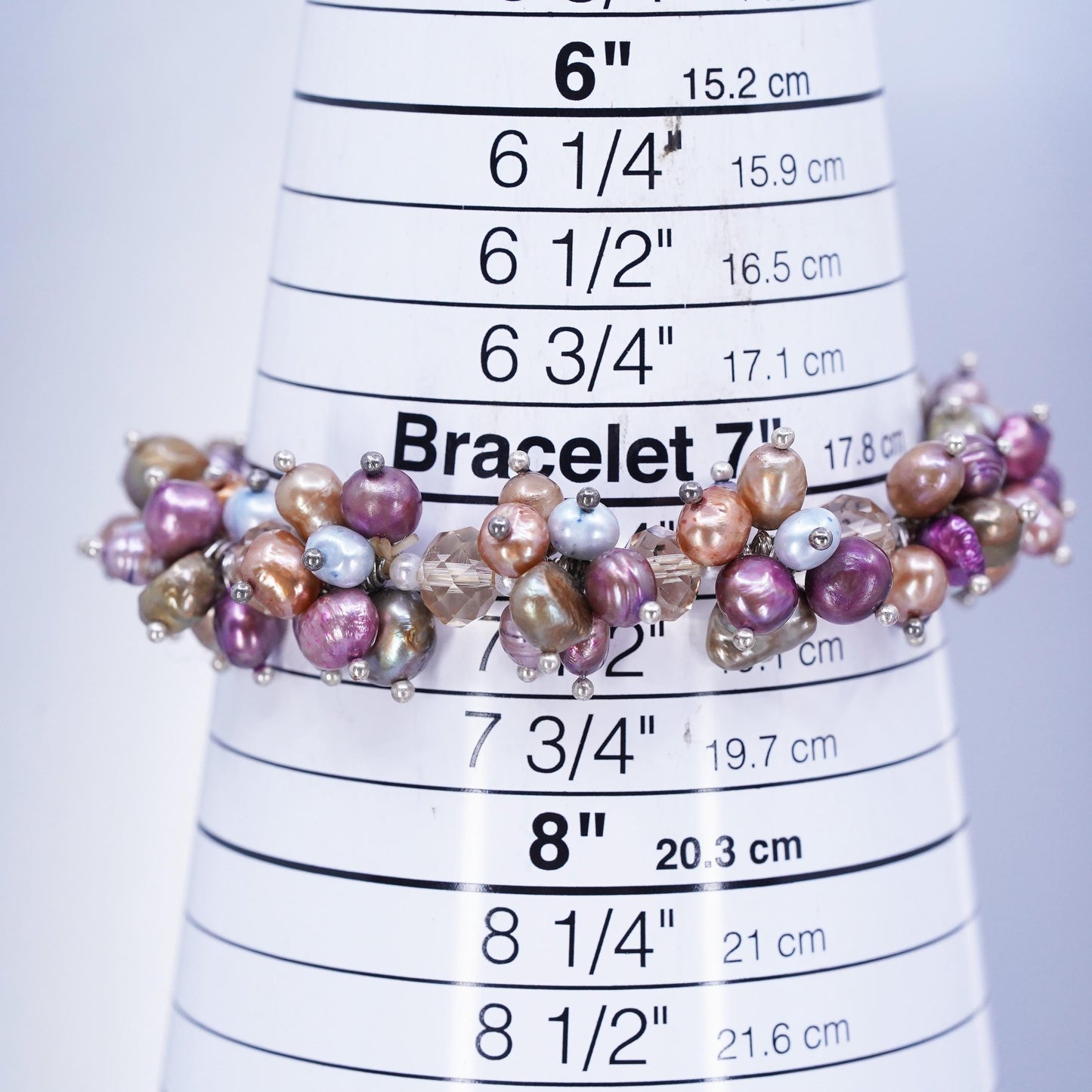 7.25”, Sterling 925 silver stretchy bracelet with cluster pearl and crystal