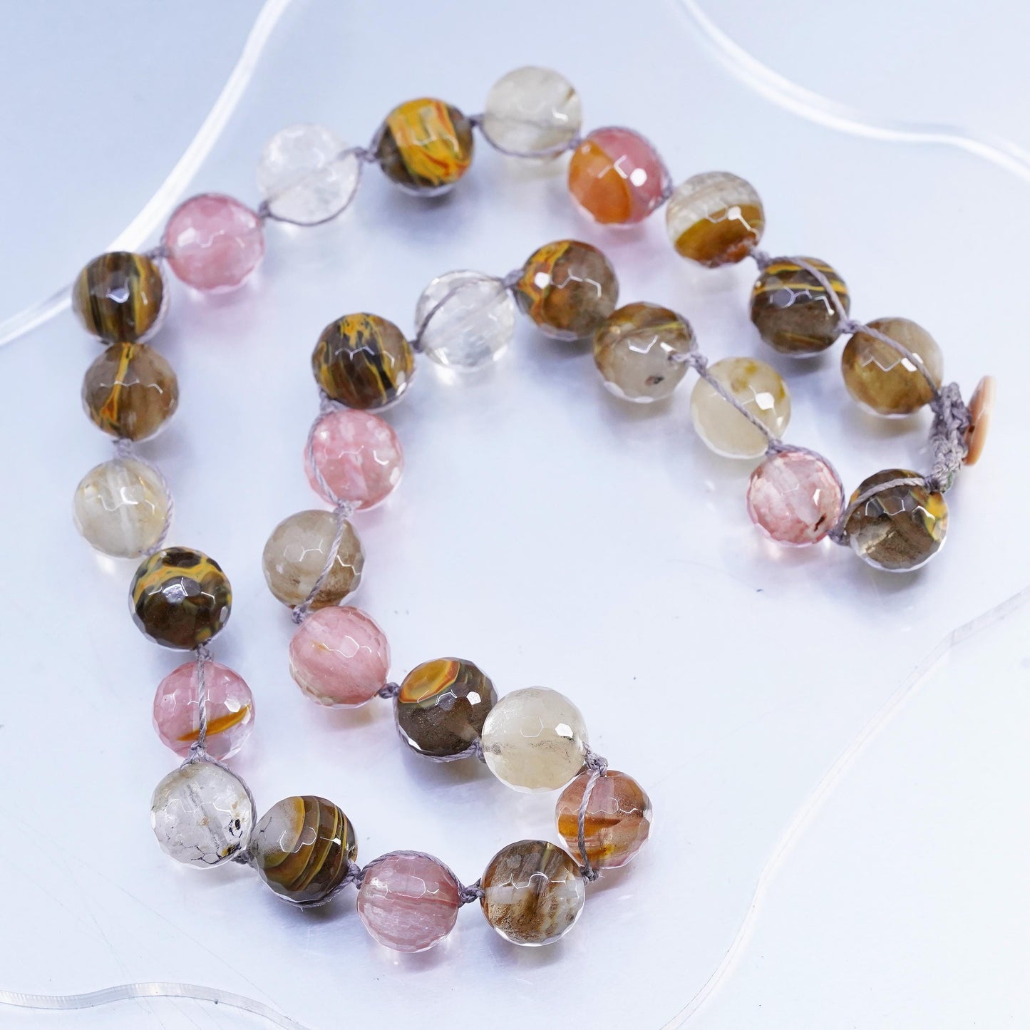 16", Vintage handmade agate pink quartz handmade linens thread necklace