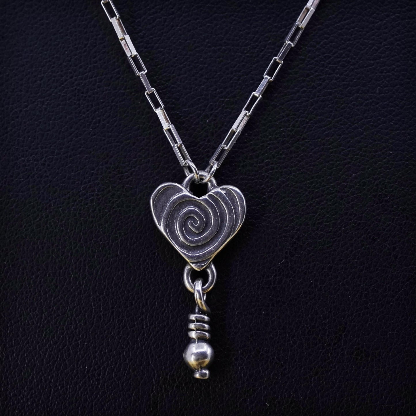 16", sterling 925 Silver elongated chain necklace double sided heart pendant