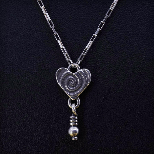 16", sterling 925 Silver elongated chain necklace double sided heart pendant