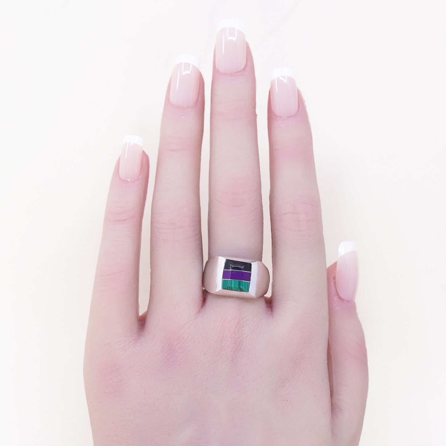 Size 9, Vintage Mexican Sterling Silver Inlay Ring, Black Onyx Malachite Signet