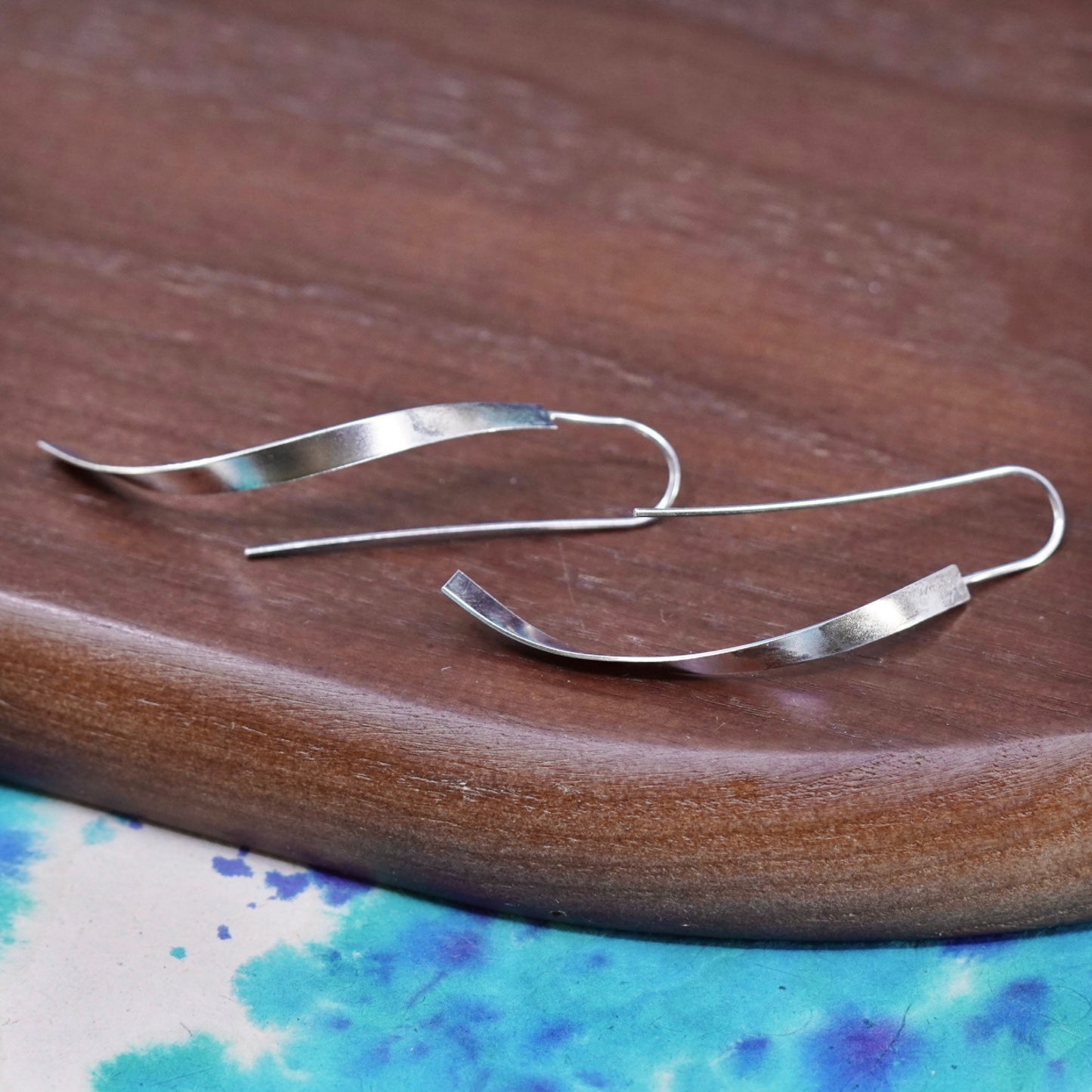 vintage Sterling silver handmade earrings, wavy 925 long drops