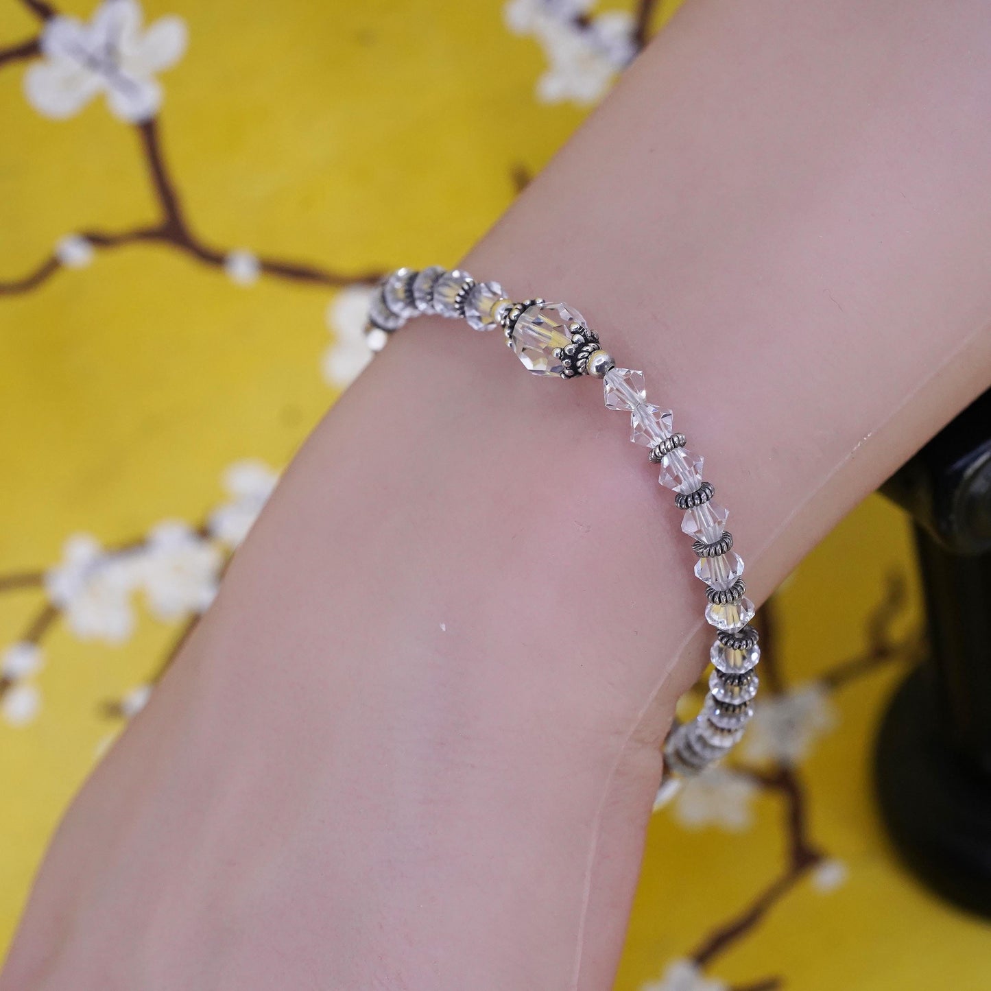 6.75”, MB Sterling silver bracelet, 925 beads with crystal and toggle closure